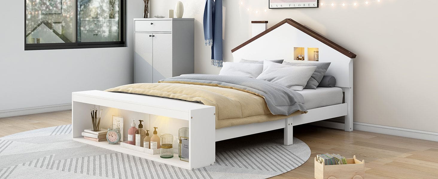 Full Size House Platform Bed with LED Lights and Storage, White