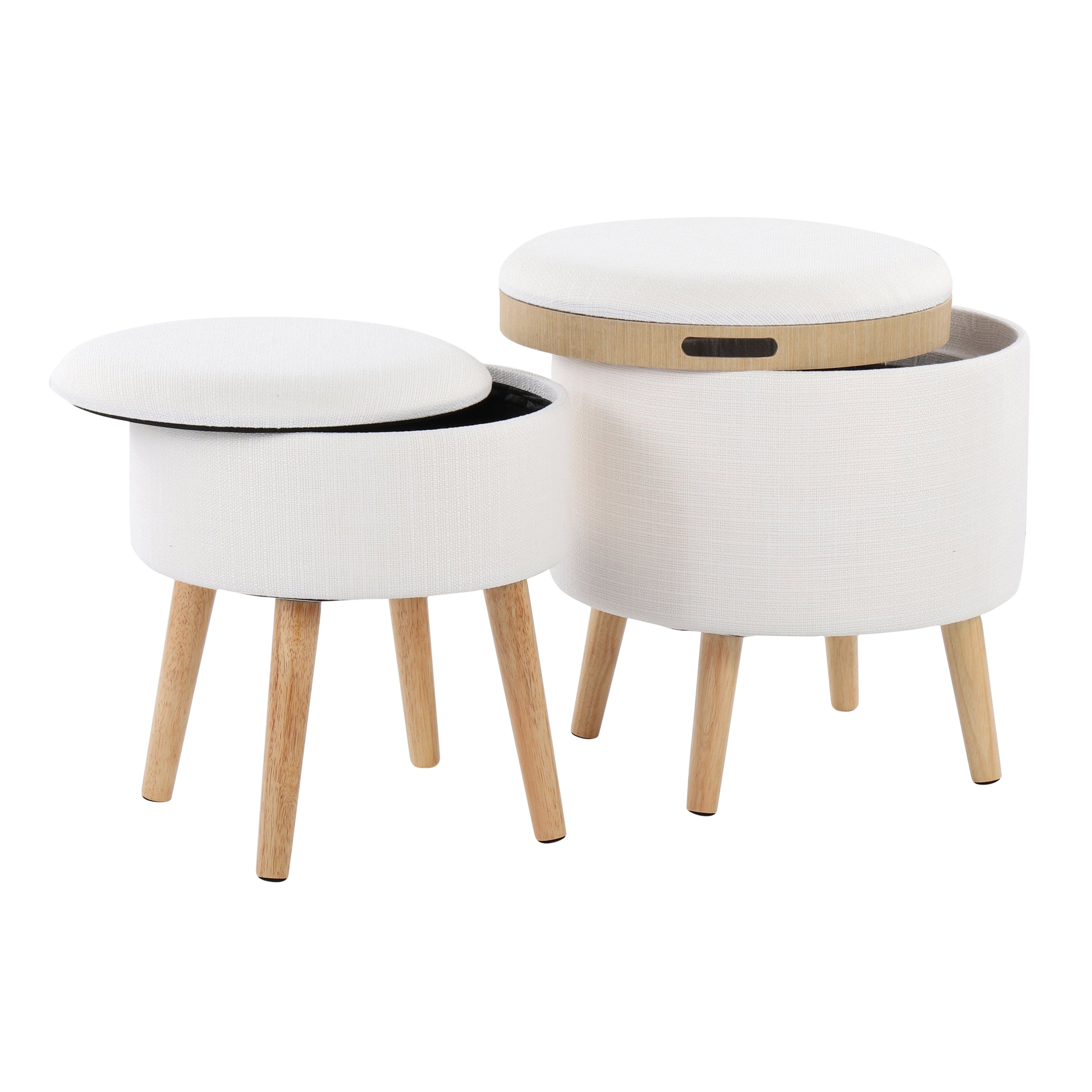 Tray Contemporary Storage Ottoman with Matching Stool in Cream Fabric and Natural Wood Legs by LumiSource