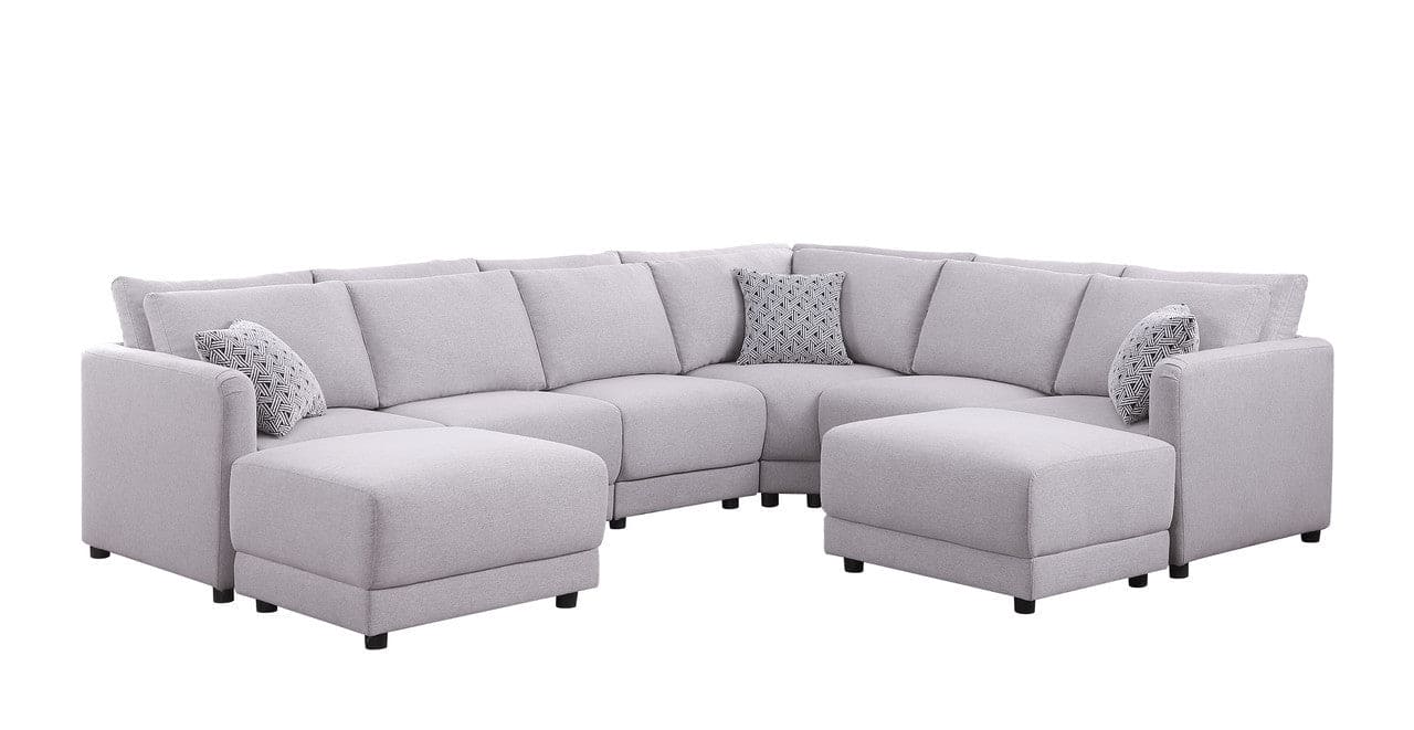 Penelope Light Gray Linen Fabric Reversible 8PC Modular Sectional Sofa with Ottomans and Pillows