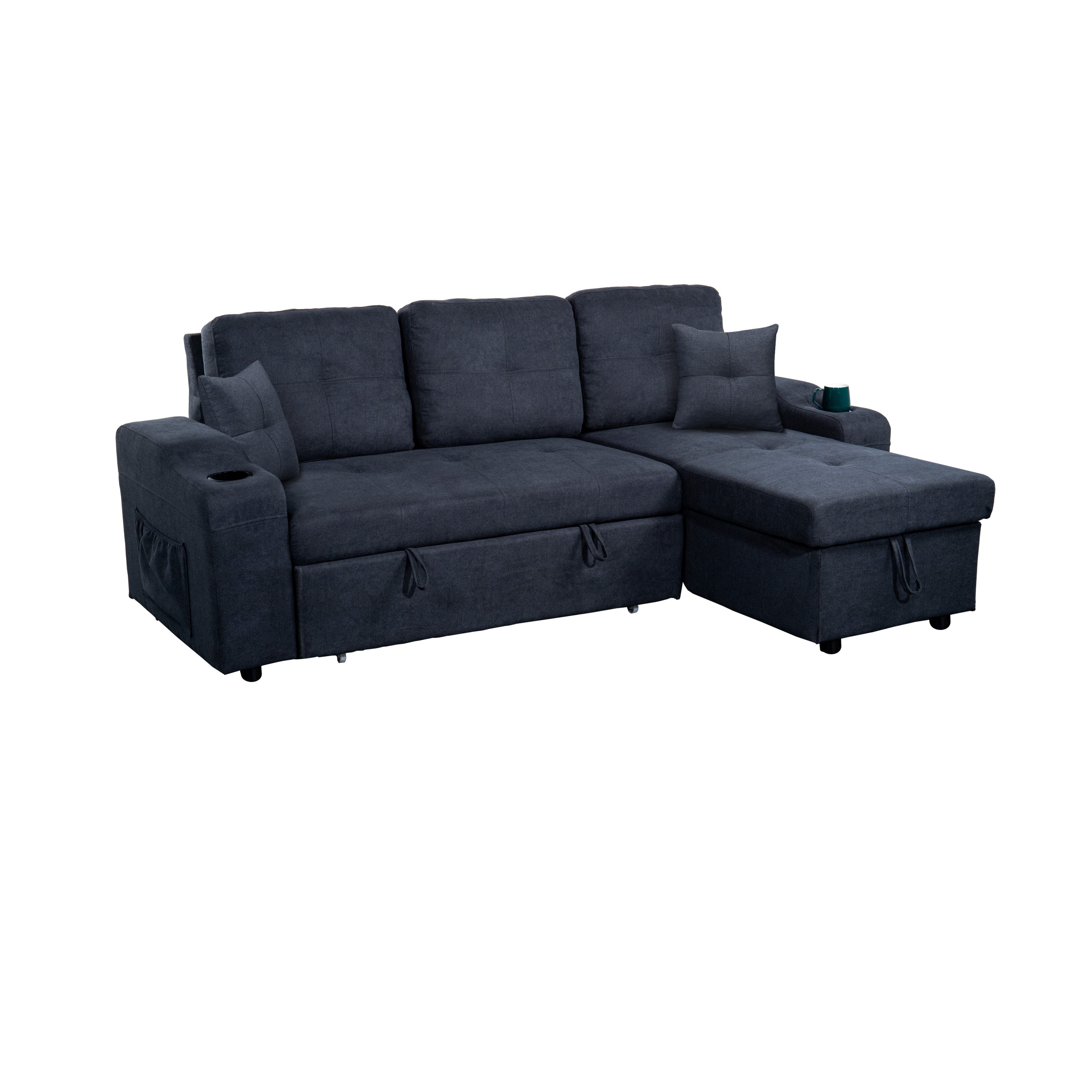 Right-facing sectional sofa with footrest, convertible corner sofa with armrest storage, living room and apartment sectional sofa, right chaise longue and  dark  grey