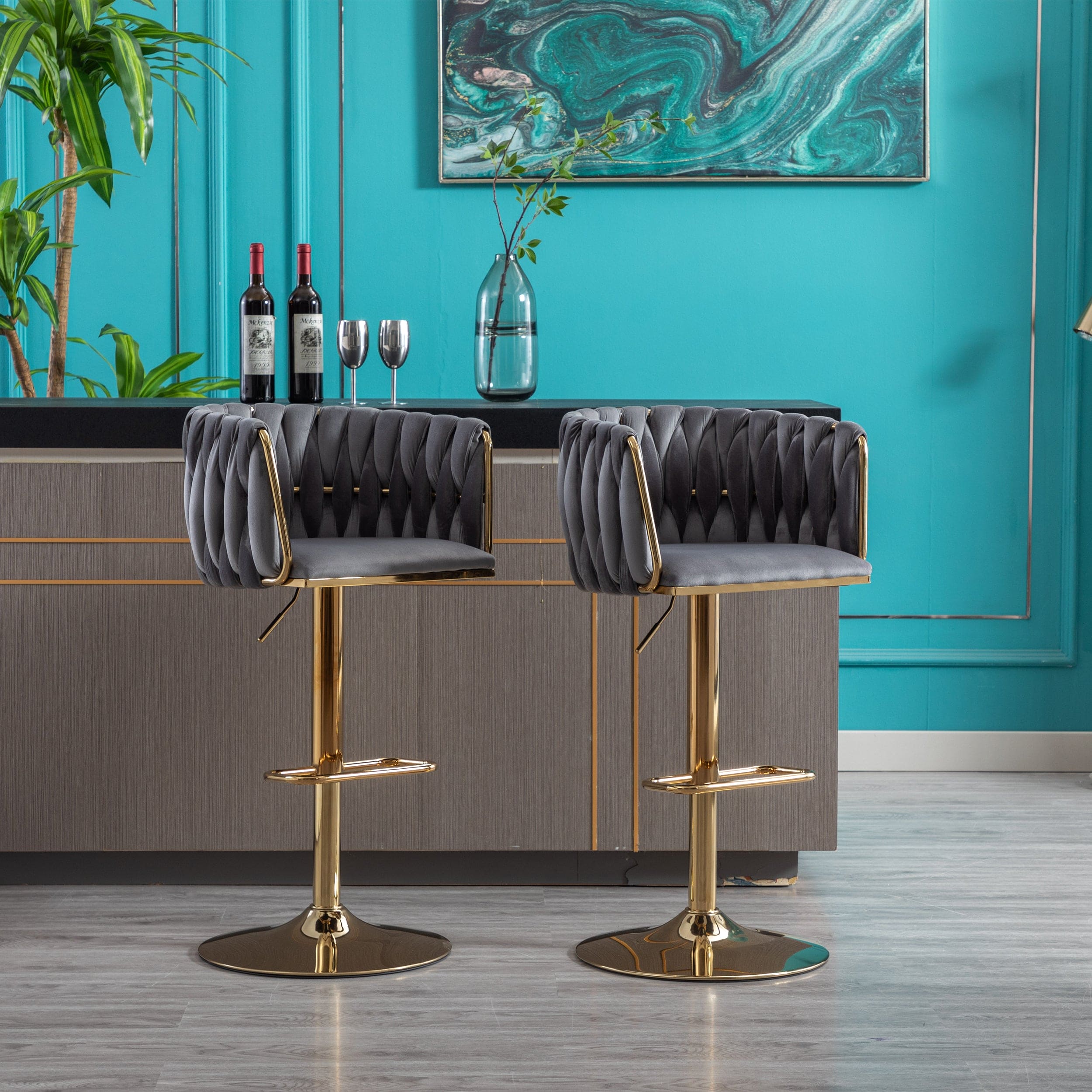 Set of 2 Bar Stools,with Chrome Footrest and Base Swivel Height Adjustable Mechanical Lifting Velvet + Golden Leg Simple Bar Stool-Grey