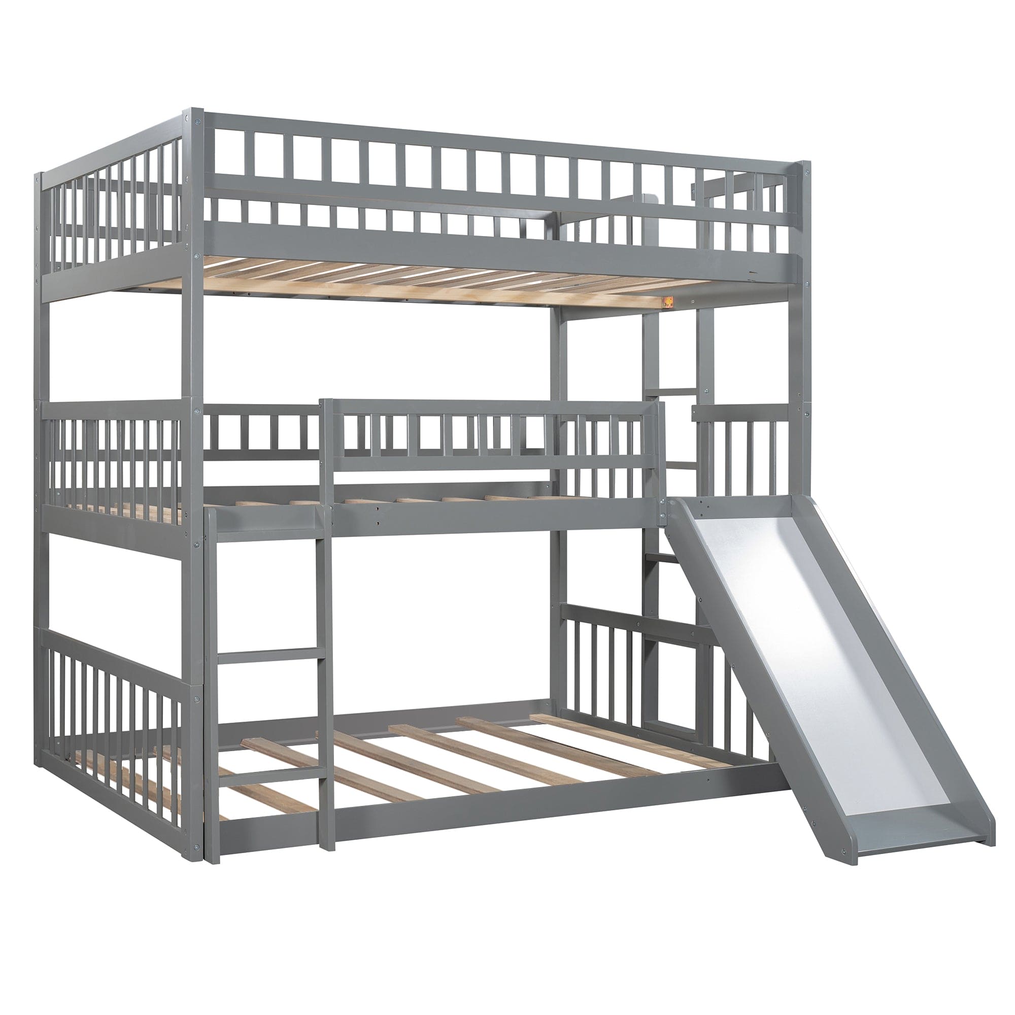 Full-Over-Full-Over-Full Triple Bed with Built-in Ladder and Slide , Triple Bunk Bed with Guardrails, Gray(OLD SKU :LP000052AAE)