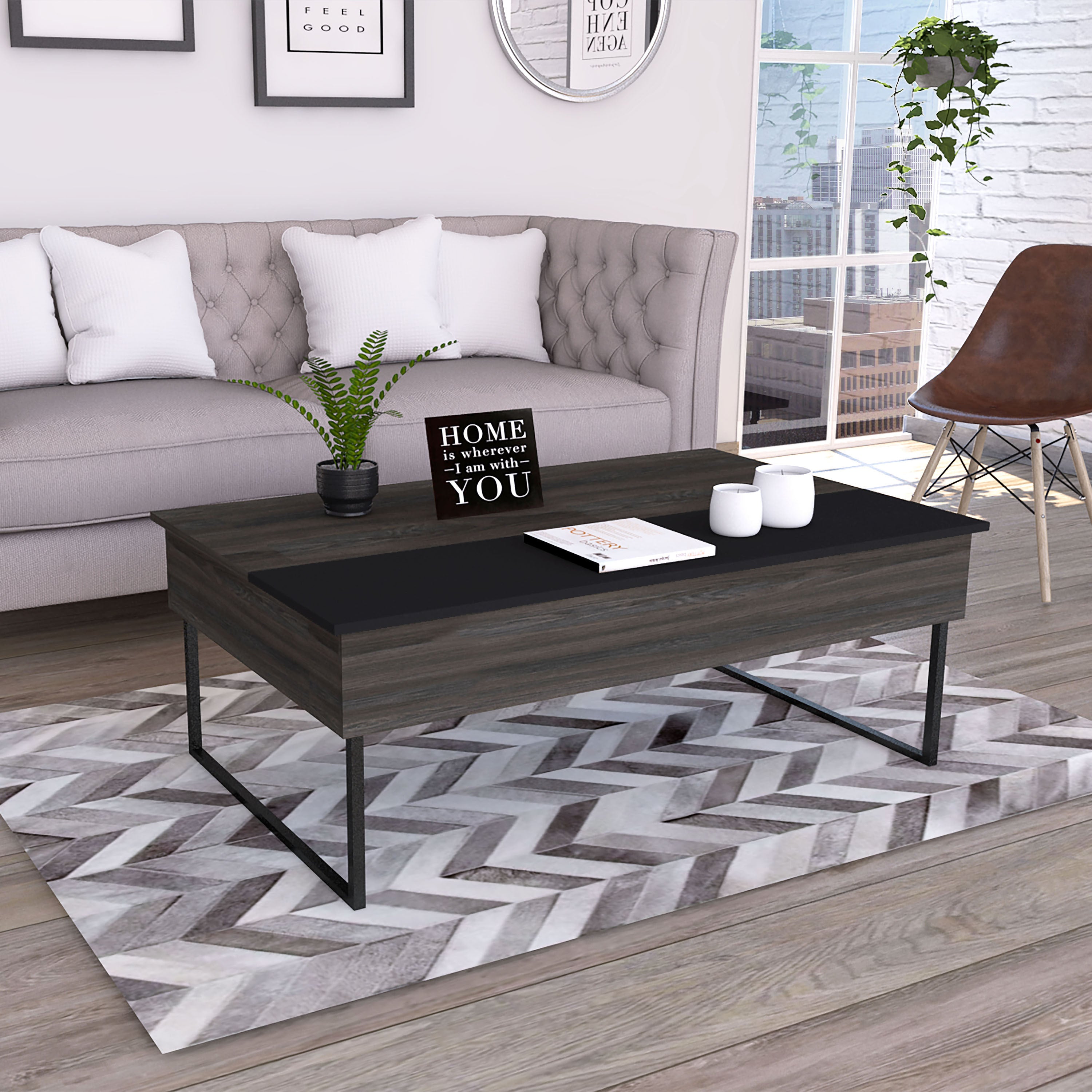 Lift Top Coffee Table Wuzz, Two Legs, Two Shelves, Carbon Espresso / Black Wengue Finish