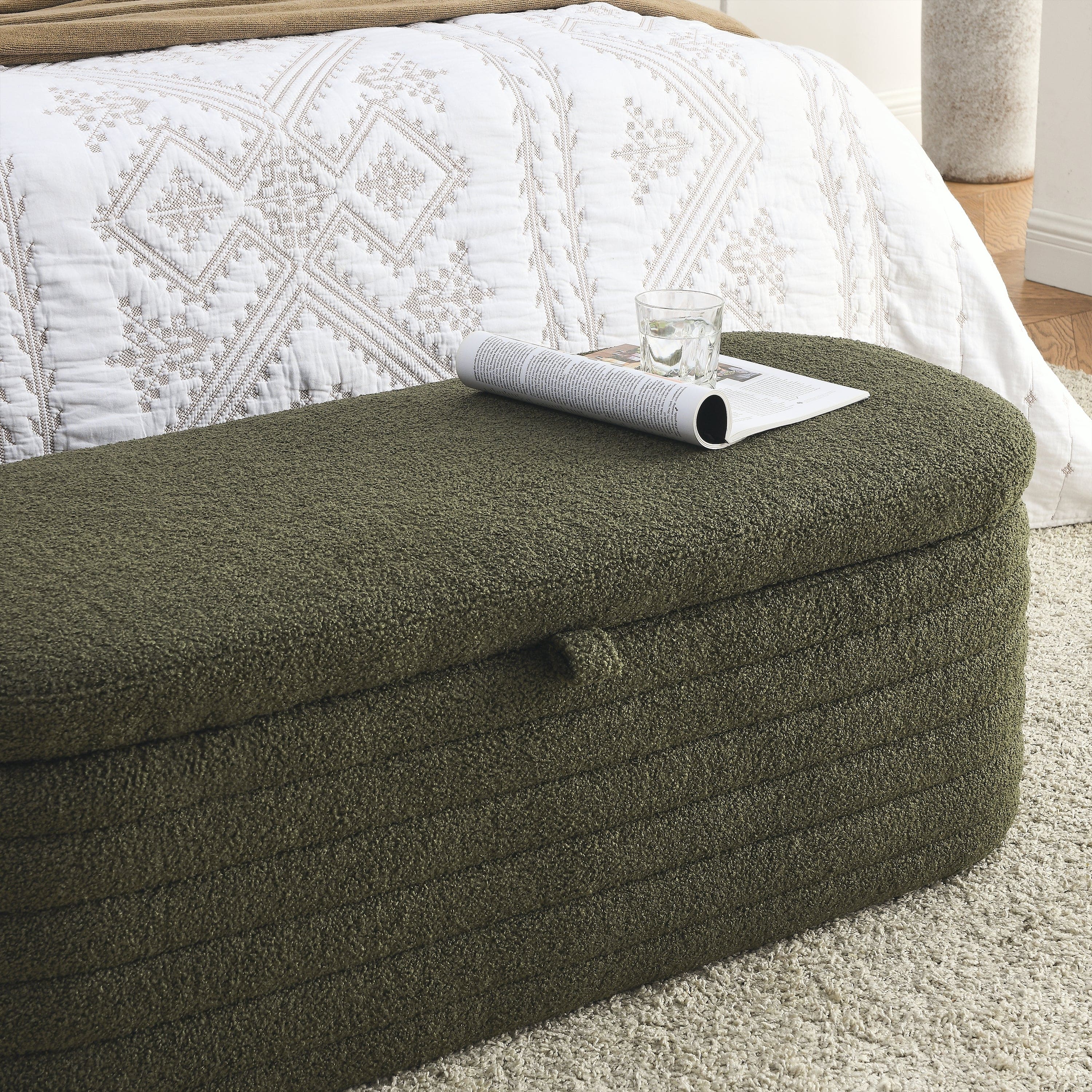 [Video] Welike Length 45.5 inchesStorage Ottoman Bench Upholstered Fabric Storage Bench End of Bed Stool with Safety Hinge for Bedroom, Living Room, Entryway, green teddy.