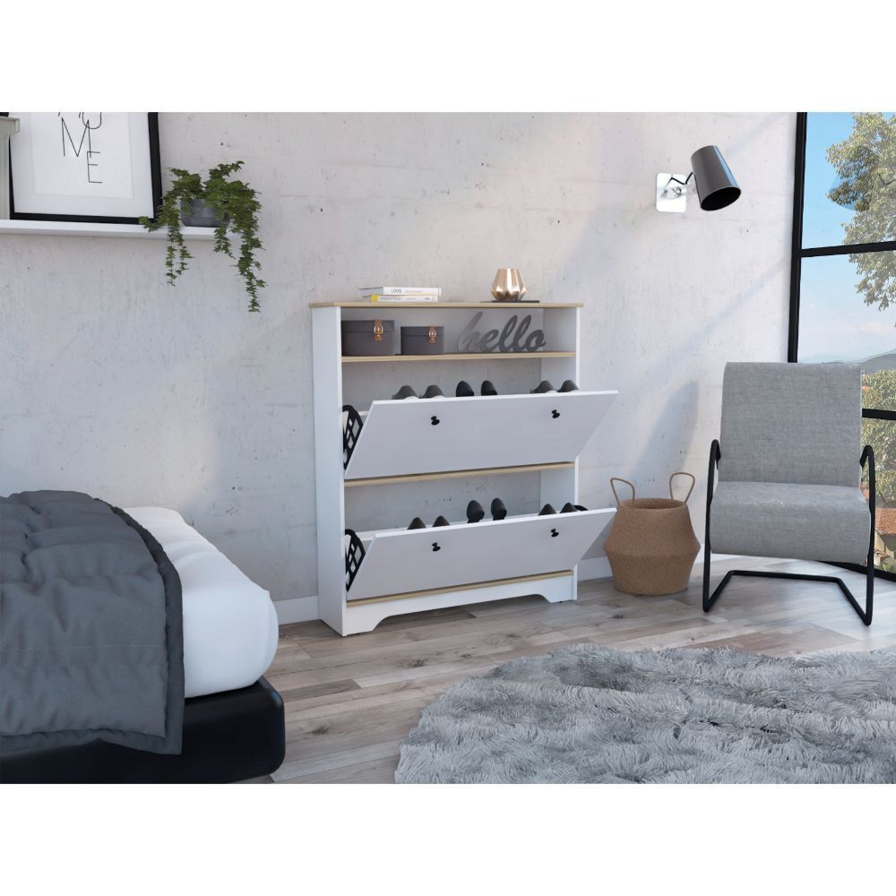 Shoe Rack Dublin, One Open Shelf, Two Extendable Cabinets, Light Oak / White Finish