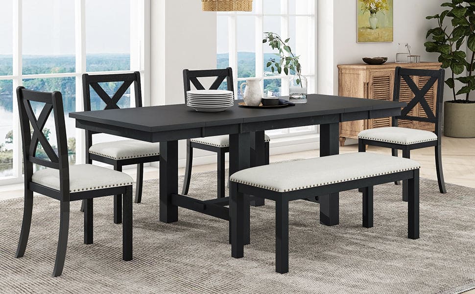 TOPMAX Farmhouse 82inch 6-Piece Extendable Dining Table with Footrest, 4 Upholstered Dining Chairs and Dining Bench, Two 11"Removable Leaf, Black+Beige Cushion