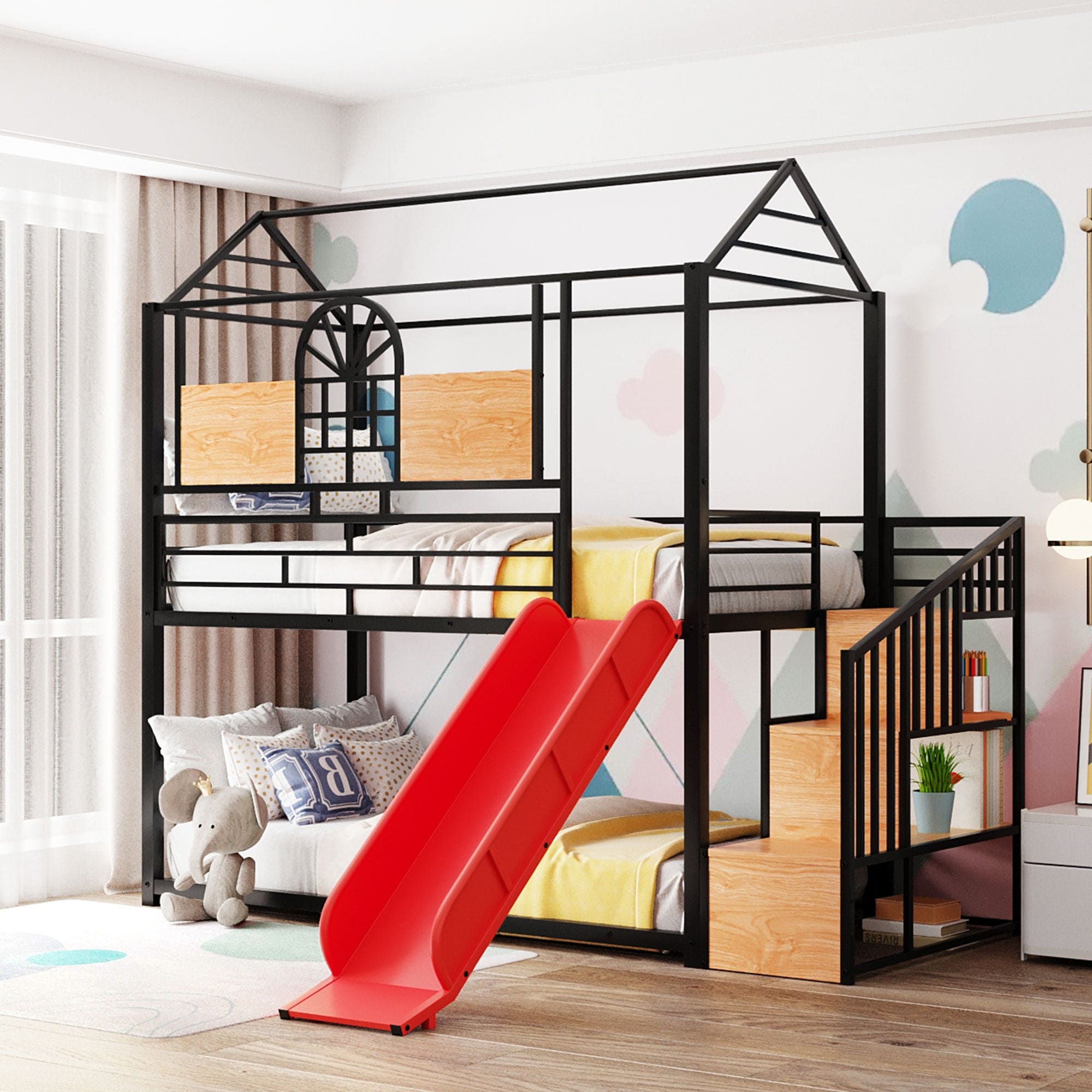 Twin Over Twin Metal Bunk Bed, Metal Housebed with Slide and Storage Stair, Black with Red Slide