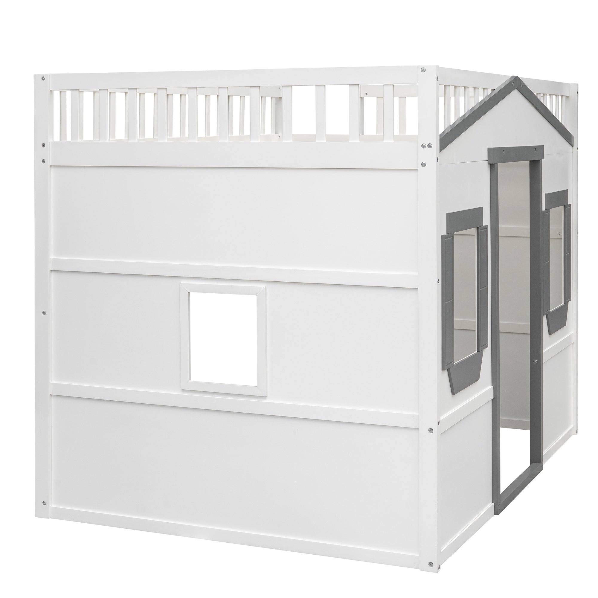 Full Size House Loft Bed With Ladder-White+Gray Frame