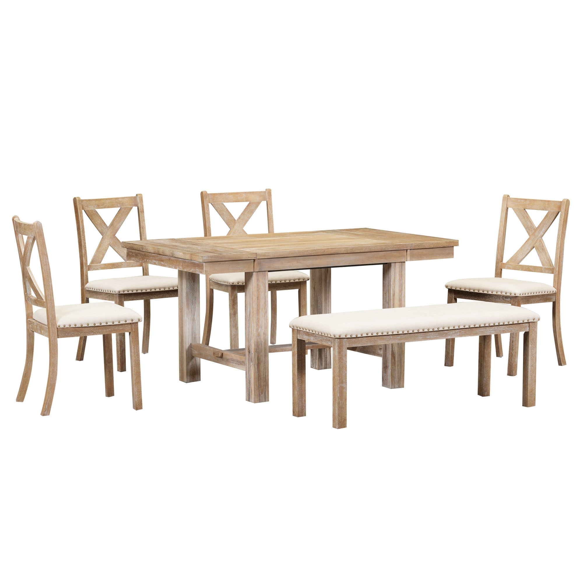 TOPMAX Farmhouse 82inch 6-Piece Extendable Dining Table with Footrest, 4 Upholstered Dining Chairs and Dining Bench, Two 11"Removable Leaf, Natural+Beige Cushion