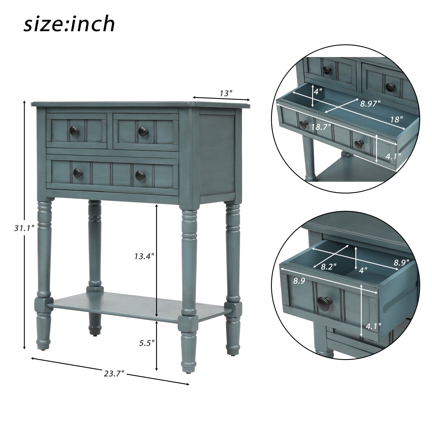 TREXM Narrow Console Table, Slim Sofa Table with Three Storage Drawers and Bottom Shelf for Living Room, Easy Assembly (Navy)