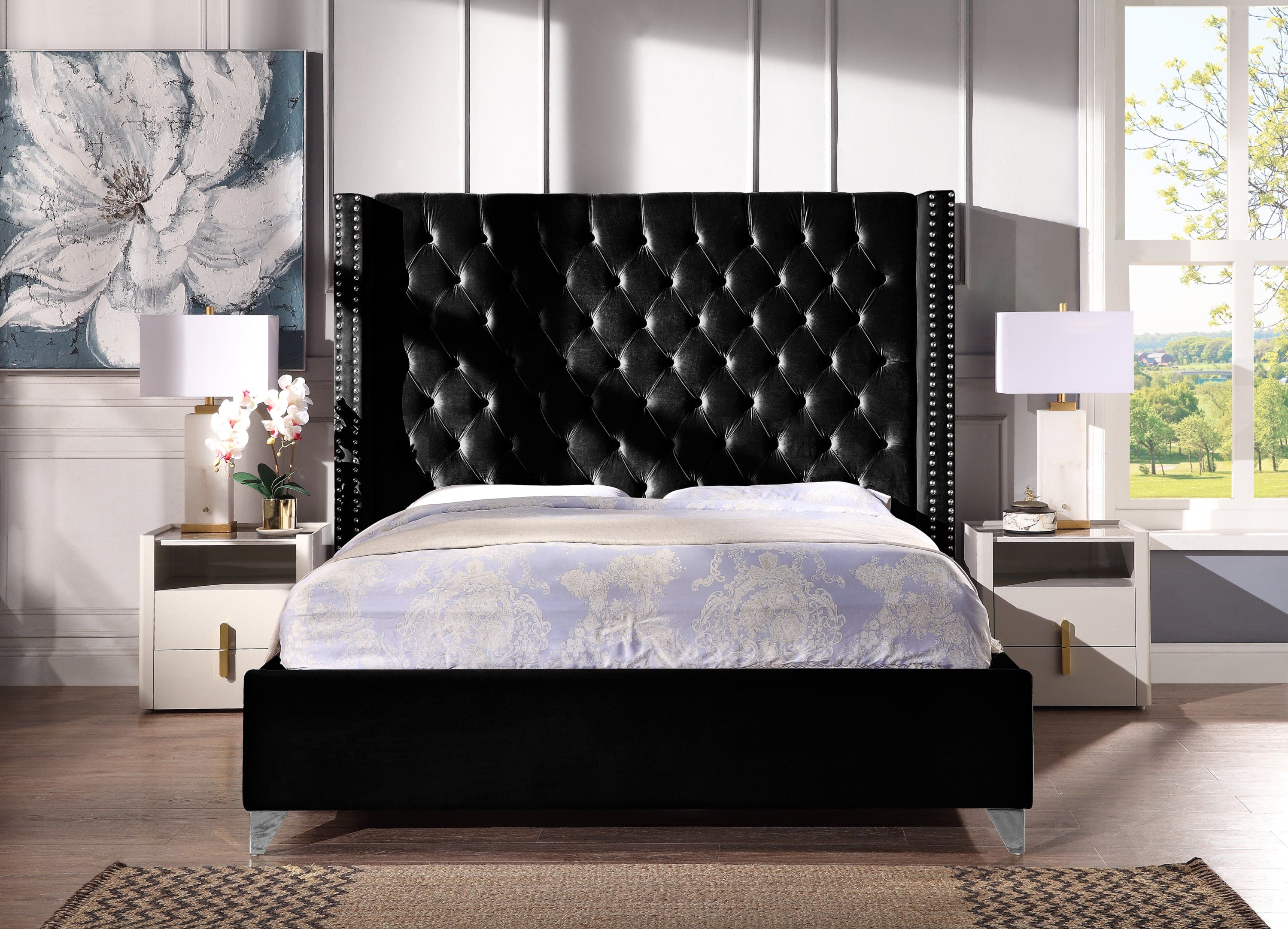 Contemporary Velvet Upholstered Bed with Deep Button Tufting, Solid Wood Frame, High-density Foam, Silver Metal Leg, Queen Size