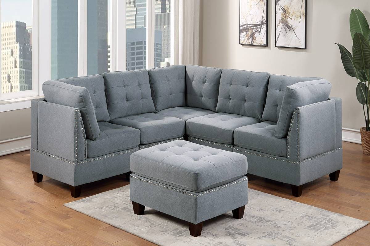 Modular Sectional 6pc Set Living Room Furniture Corner Sectional Tufted Nail heads Couch Gray Linen Like Fabric 3x Corner Wedge 2x Armless Chairs and 1x Ottoman