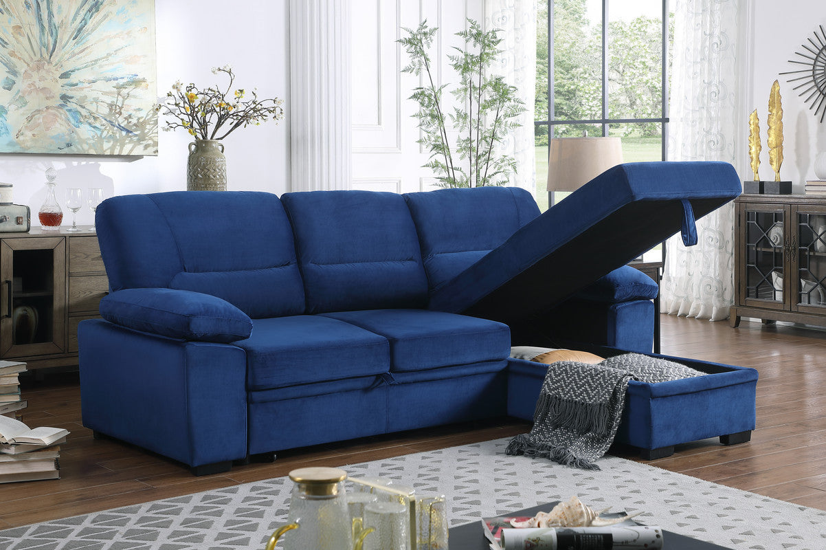 Kipling Blue Velvet Fabric Reversible Sleeper Sectional Sofa Chaise