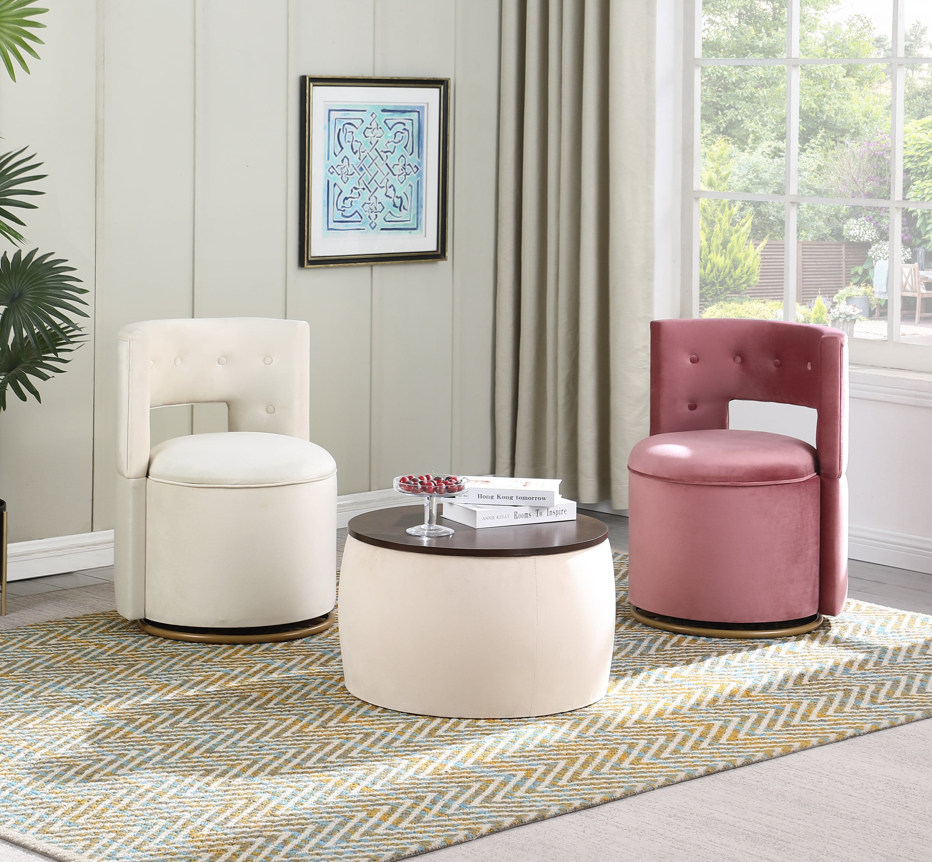 [Video] Round Ottoman Set with Storage, 2 in 1 combination, Round Coffee Table, Square Foot Rest Footstool for Living Room Bedroom Entryway Office