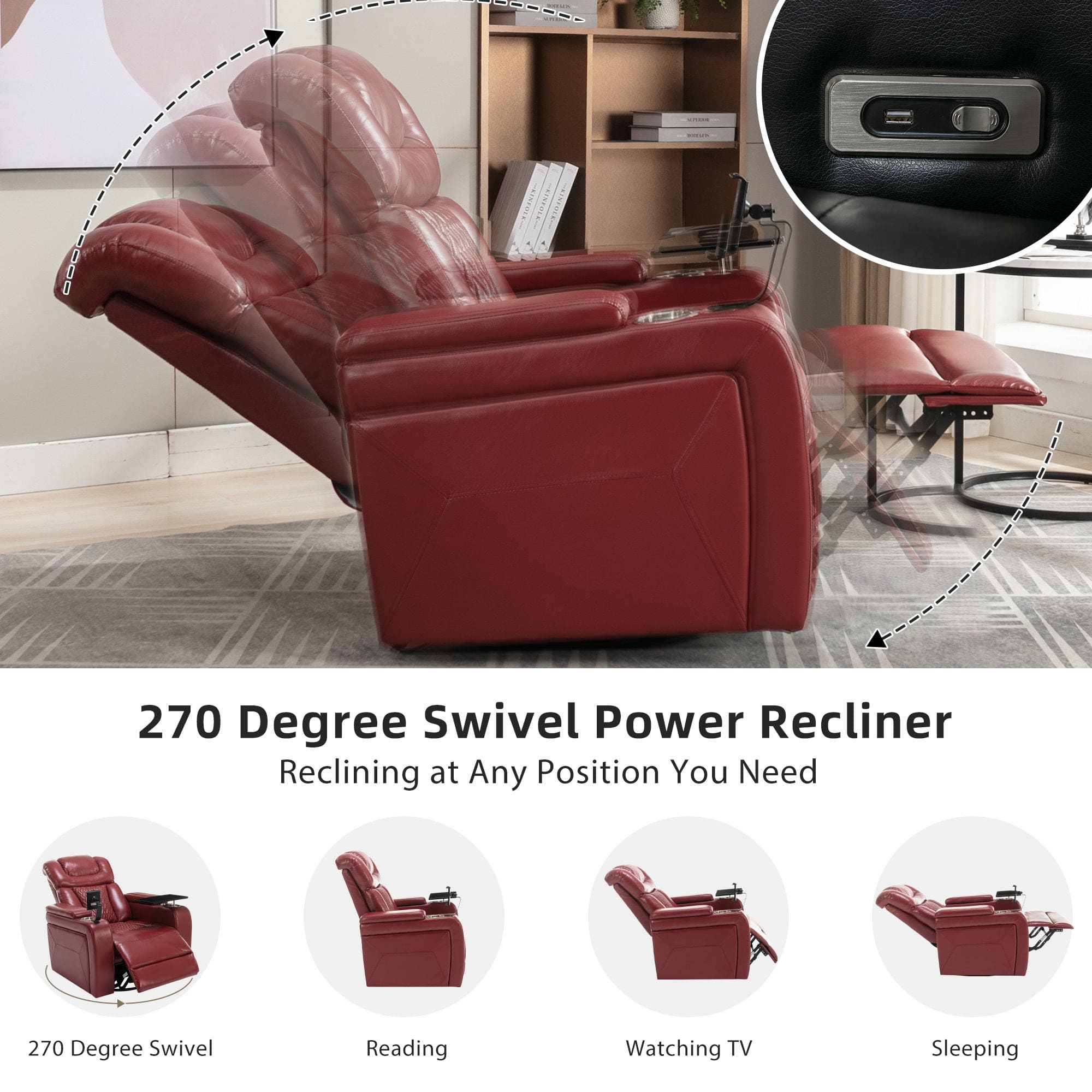 270 Degree Swivel PU Leather Power Recliner Individual Seat Home Theater Recliner with  Comforable Backrest, Tray Table,  Phone Holder, Cup Holder,  USB Port, Hidden Arm Storage for Living Room, Red