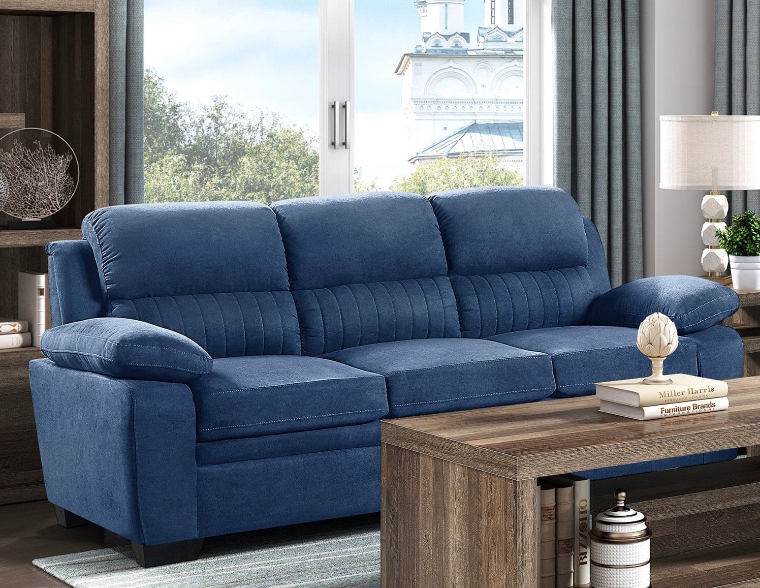 Comfortable Plush Seating Sofa 1pc Modern Blue Textured Fabric Channel Tufting Solid Wood Frame Living Room Furniture