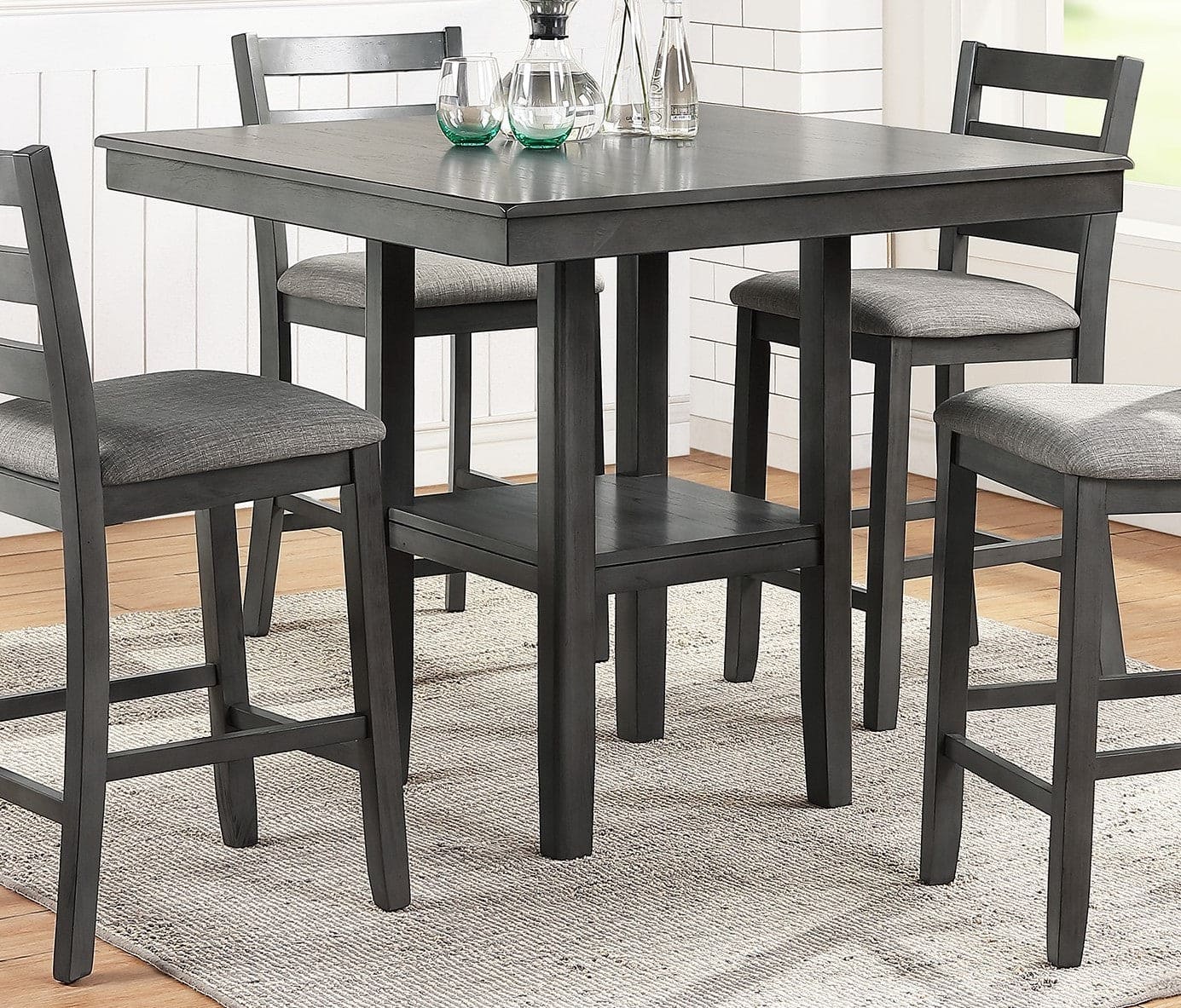 Classic Dining Room Furniture Gray Finish Counter Height 5pc Set Square Dining Table w Shelves Cushion Seat Ladder Back High Chairs Solid wood