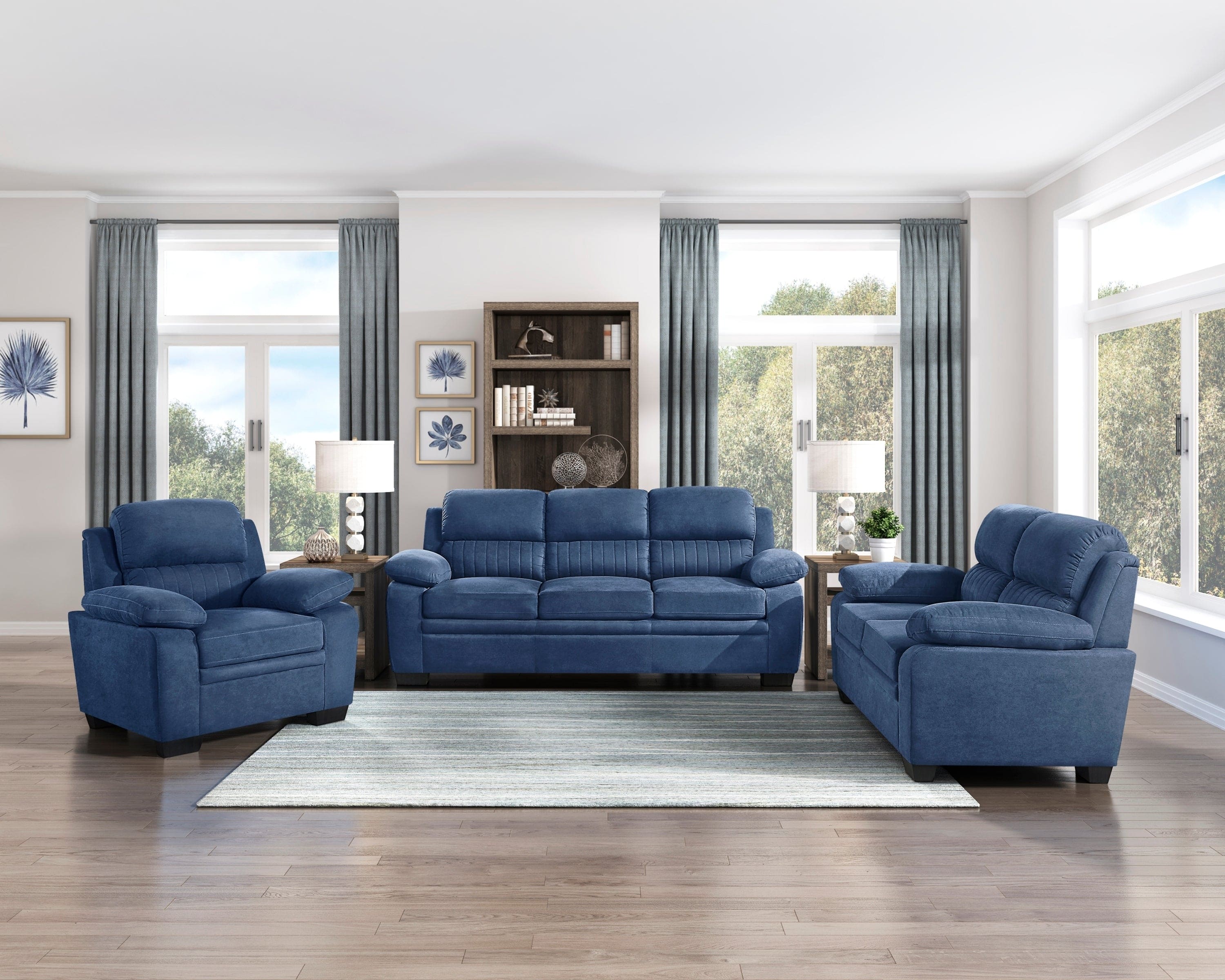 Comfortable Plush Seating Sofa 1pc Modern Blue Textured Fabric Channel Tufting Solid Wood Frame Living Room Furniture