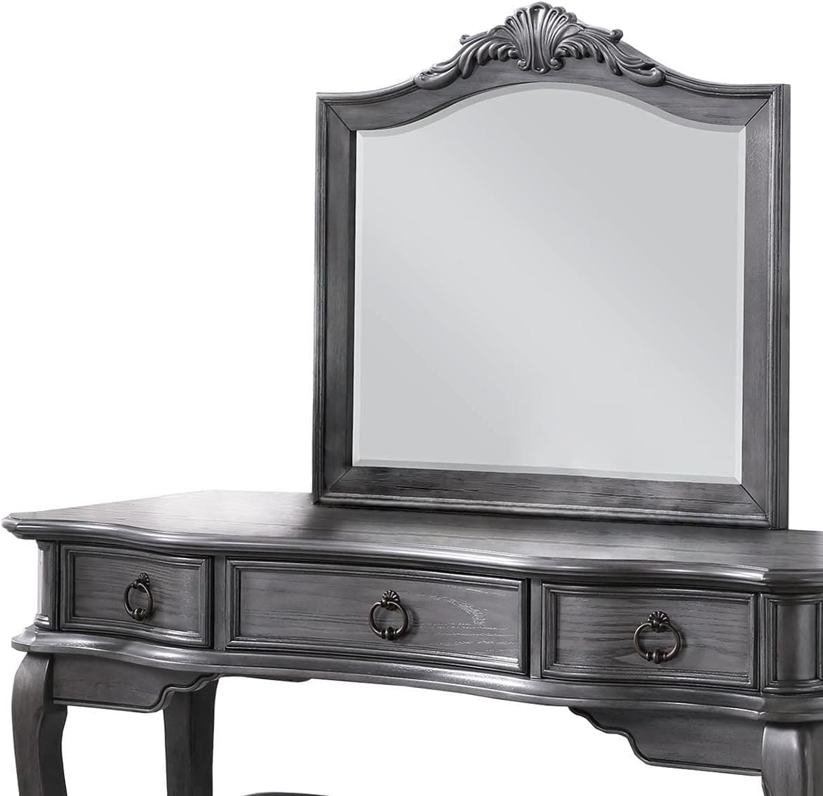 Contemporary Grey Finish Vanity Set w Stool Retro Style Drawers cabriole-tapered legs Mirror w floral crown molding Bedroom Furniture