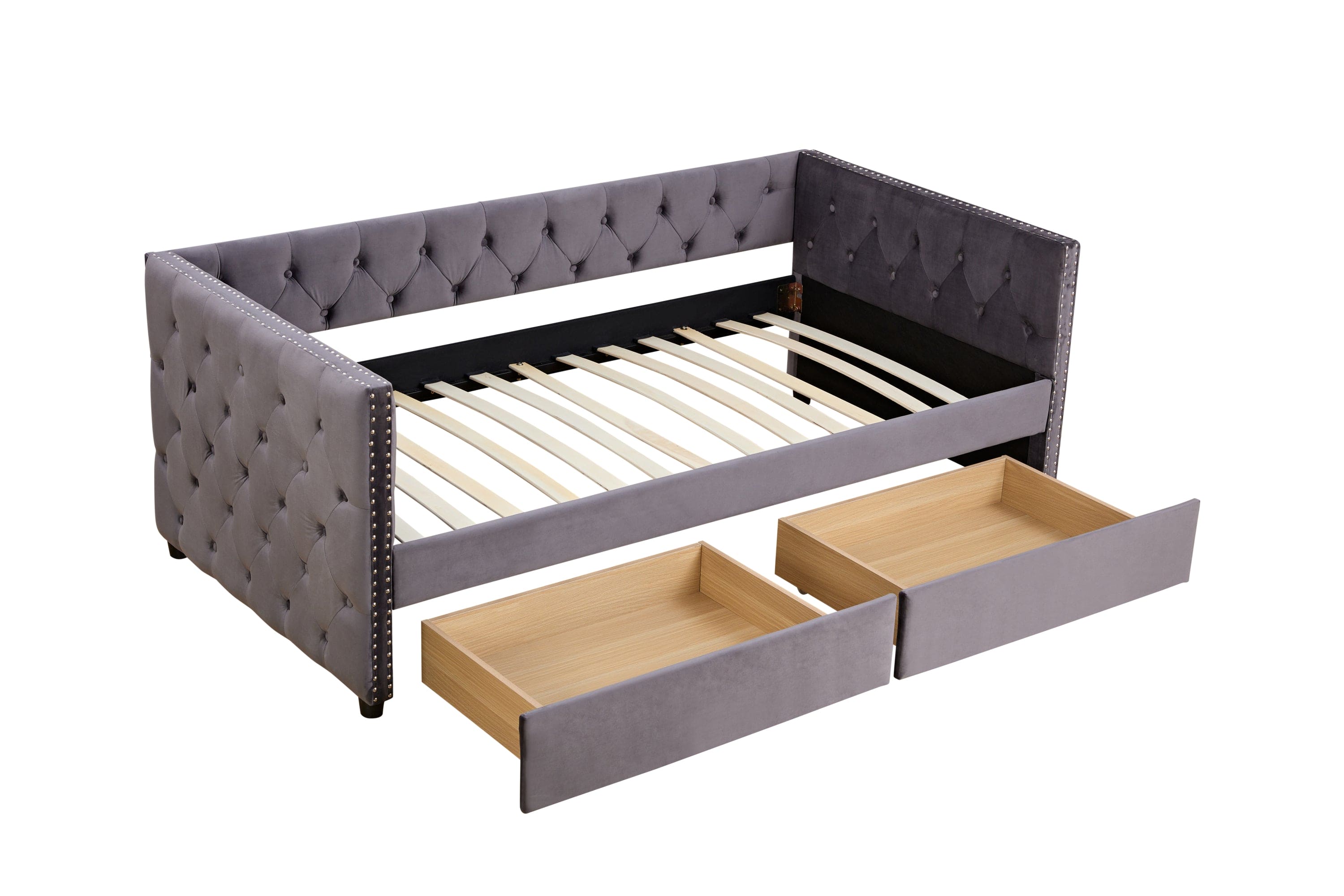 Sofa bed with drawers, modern velvet upholstered sofa bed with button tufted sofa bed frame with double drawers, bedroom living room furniture, Grey(83.47''x42.91''x30.71''')