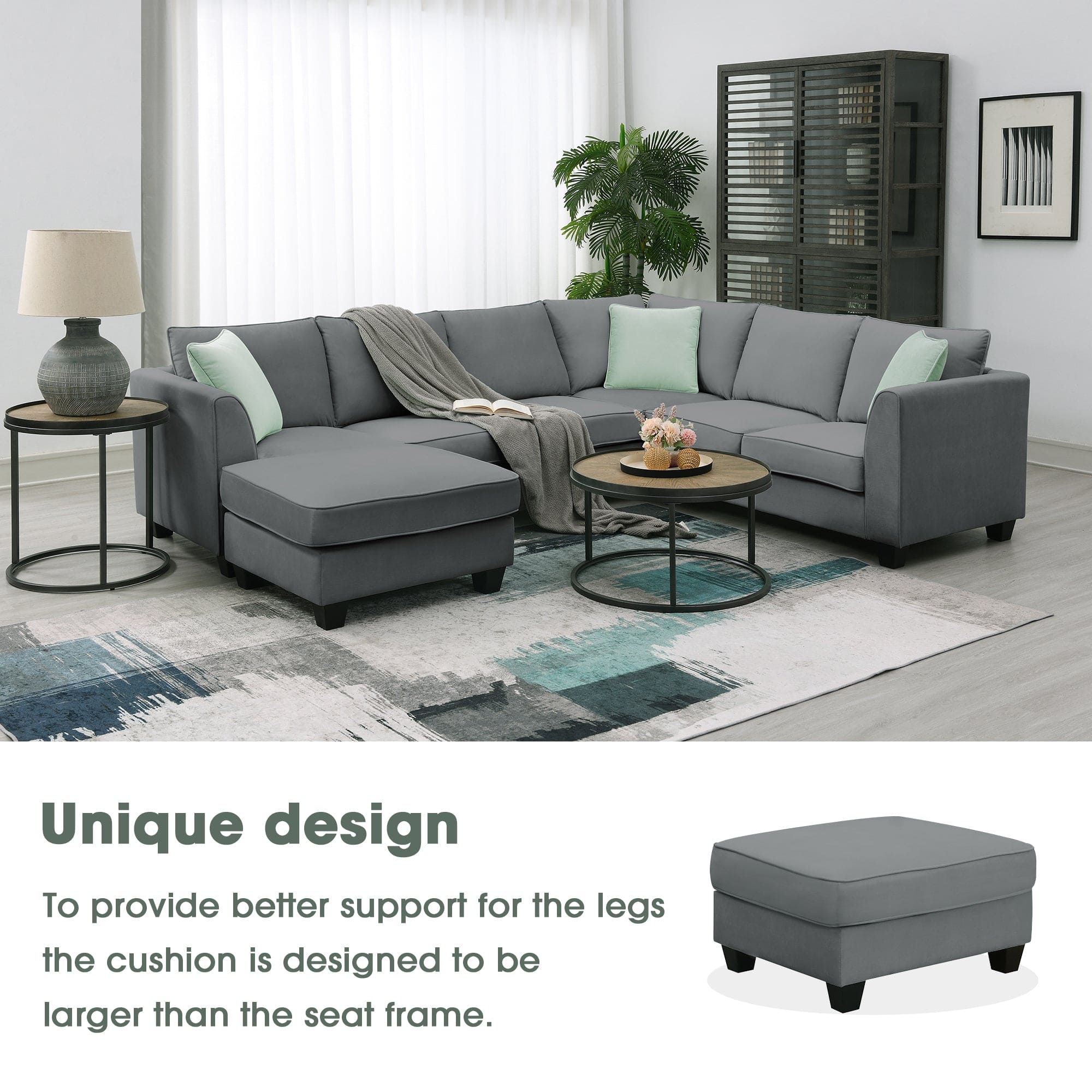 [VIDEO provided] 112*87" Sectional Sofa Couches Living Room Sets, 7 Seats Modular Sectional Sofa with Ottoman, L Shape Fabric Sofa Corner Couch Set with 3 Pillows, Grey(New of GS008210AAG)