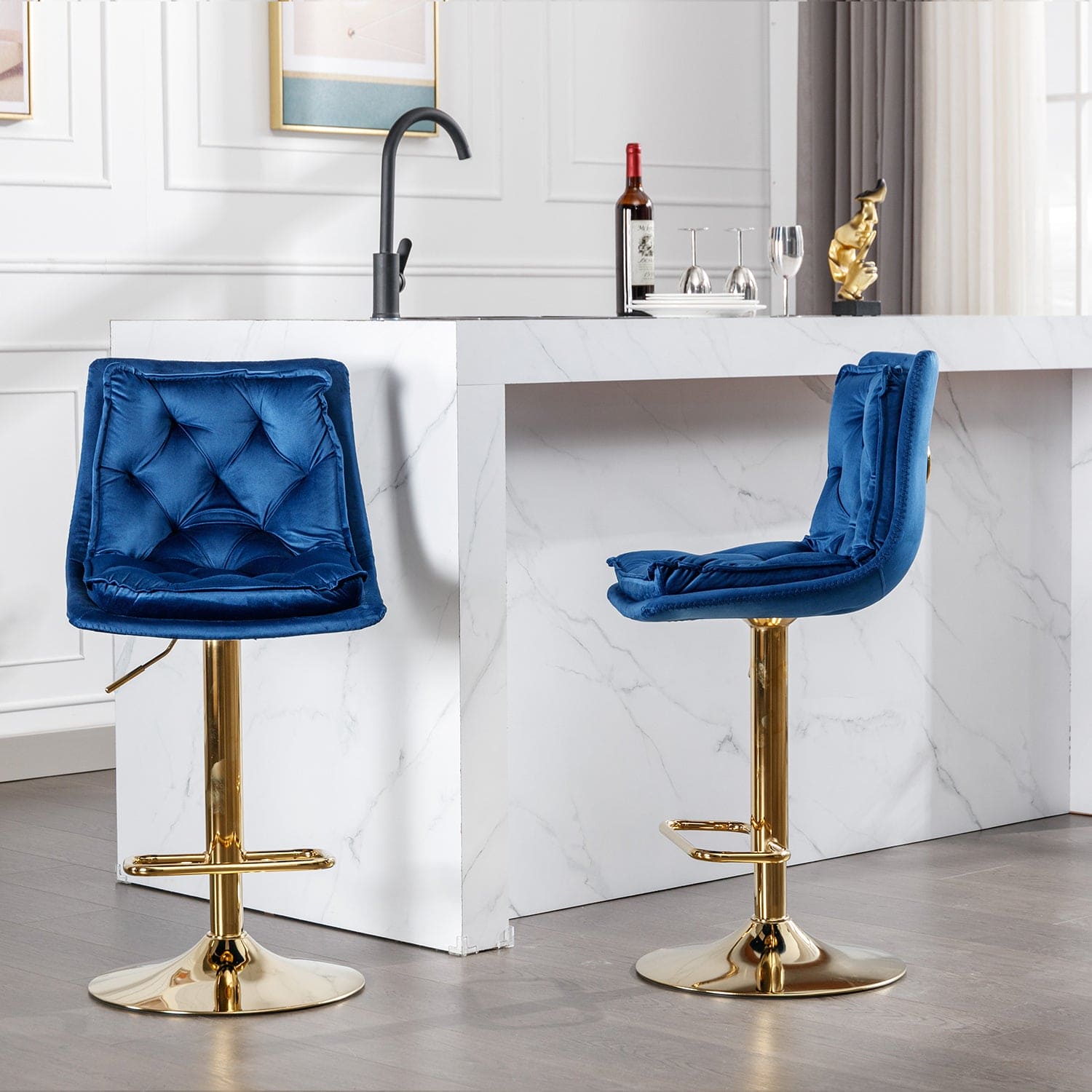 Set of 2 Bar Stools,with Chrome Footrest and Base Swivel Height Adjustable Mechanical Lifting Velvet + Golden Leg Simple Bar Stoo,blue