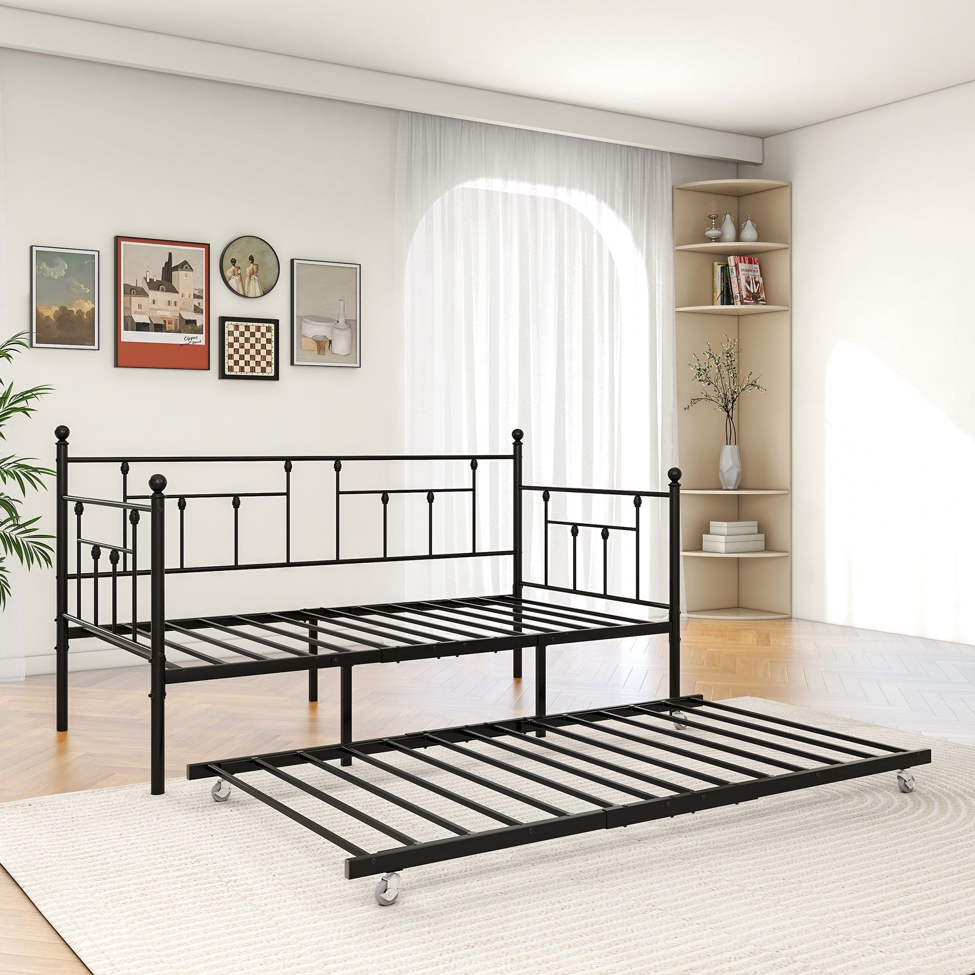 Metal Daybed Frame Twin Size Platform with trundle , No Box Spring Needed Black