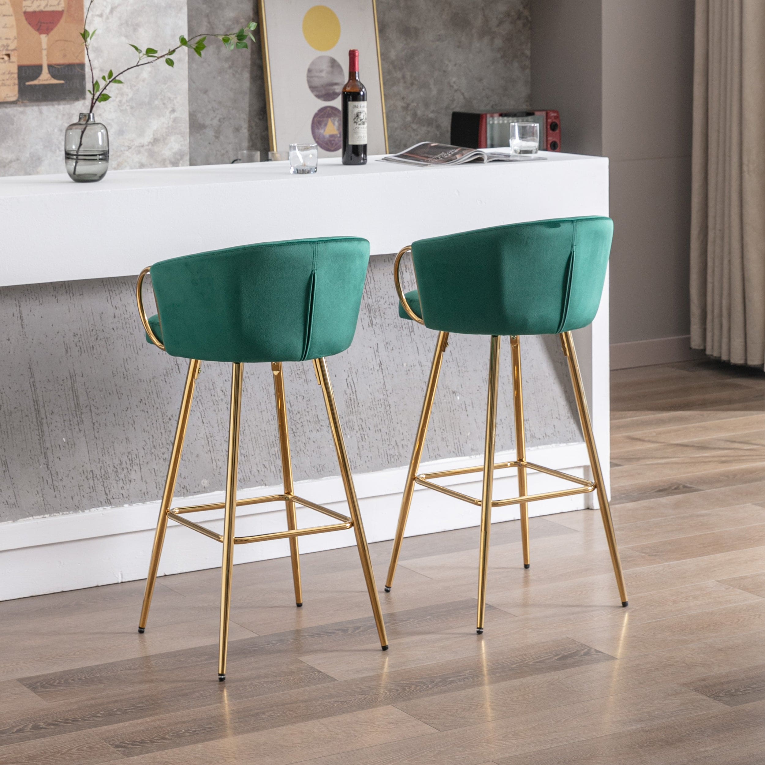 26 Inch Set of 2 Bar Stools,with Chrome Footrest and Base Velvet + Golden Leg Simple Bar Stool,GREEN