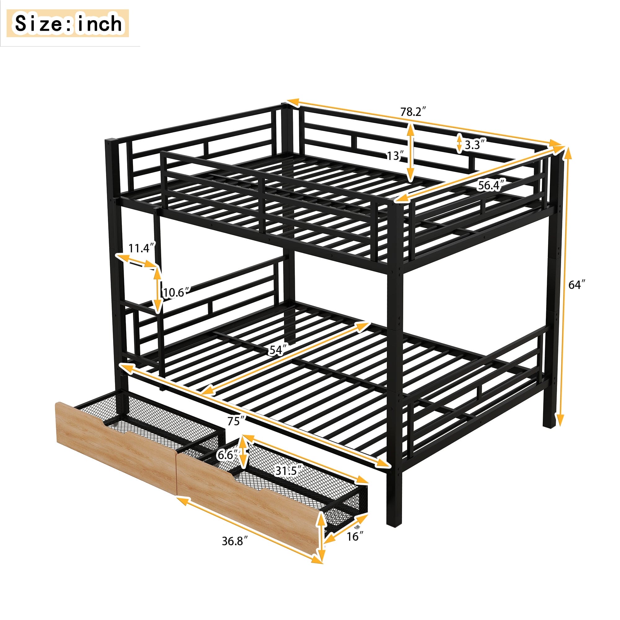 Metal Full Size Convertible Bunk Bed with 2 Drawers, Black