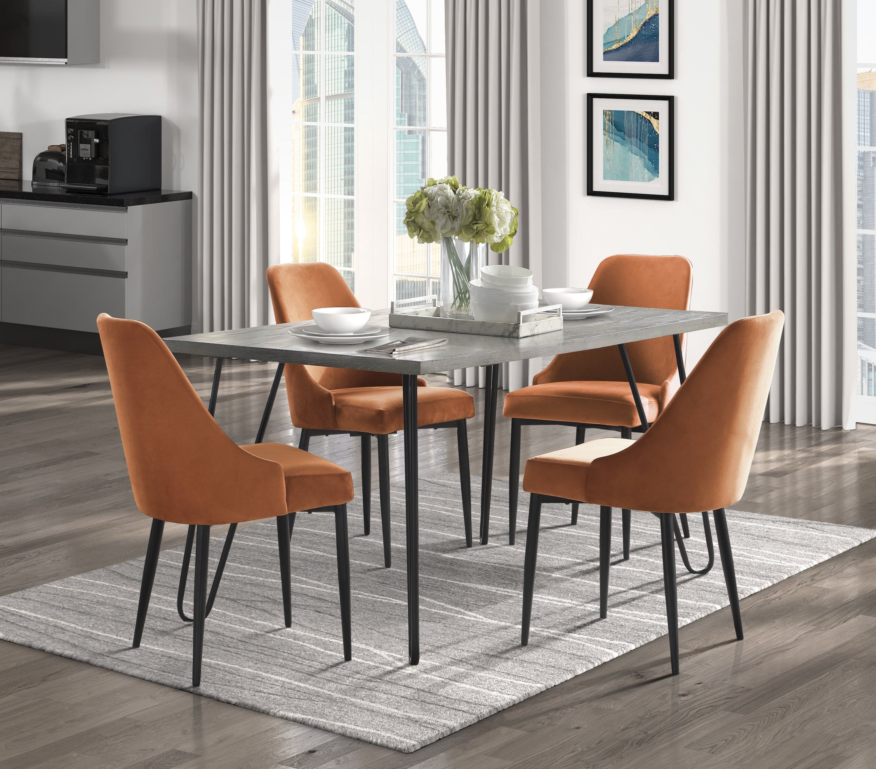 Modern Sleek Design 5pc Dining Set Table and 4x Side Chairs Orange Velvet Casual Metal Frame Stylish Dining Furniture