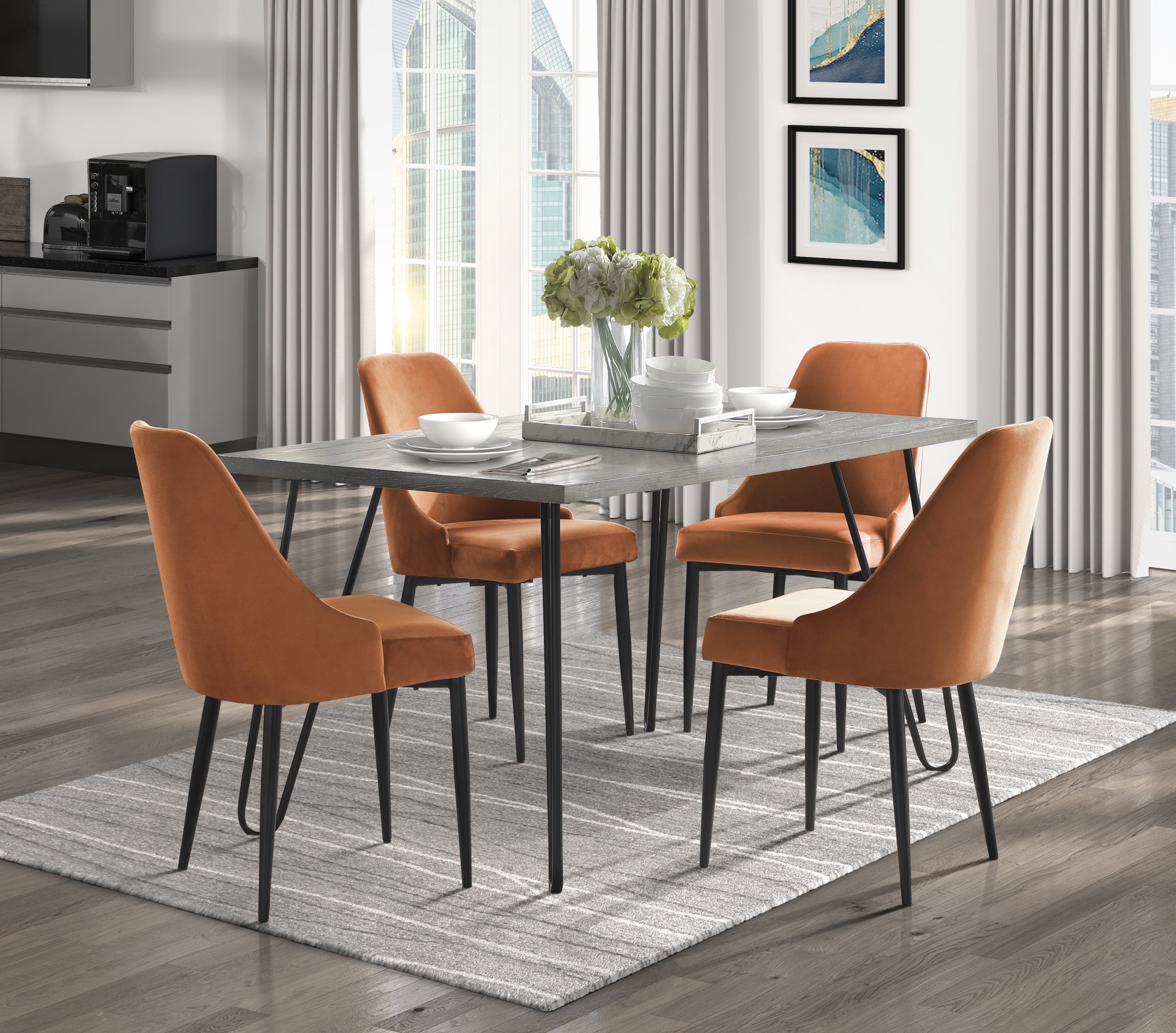 Modern Sleek Design Velvet Fabric Orange Side Chair Set of 2 Black Finish Metal Legs Dining Furniture