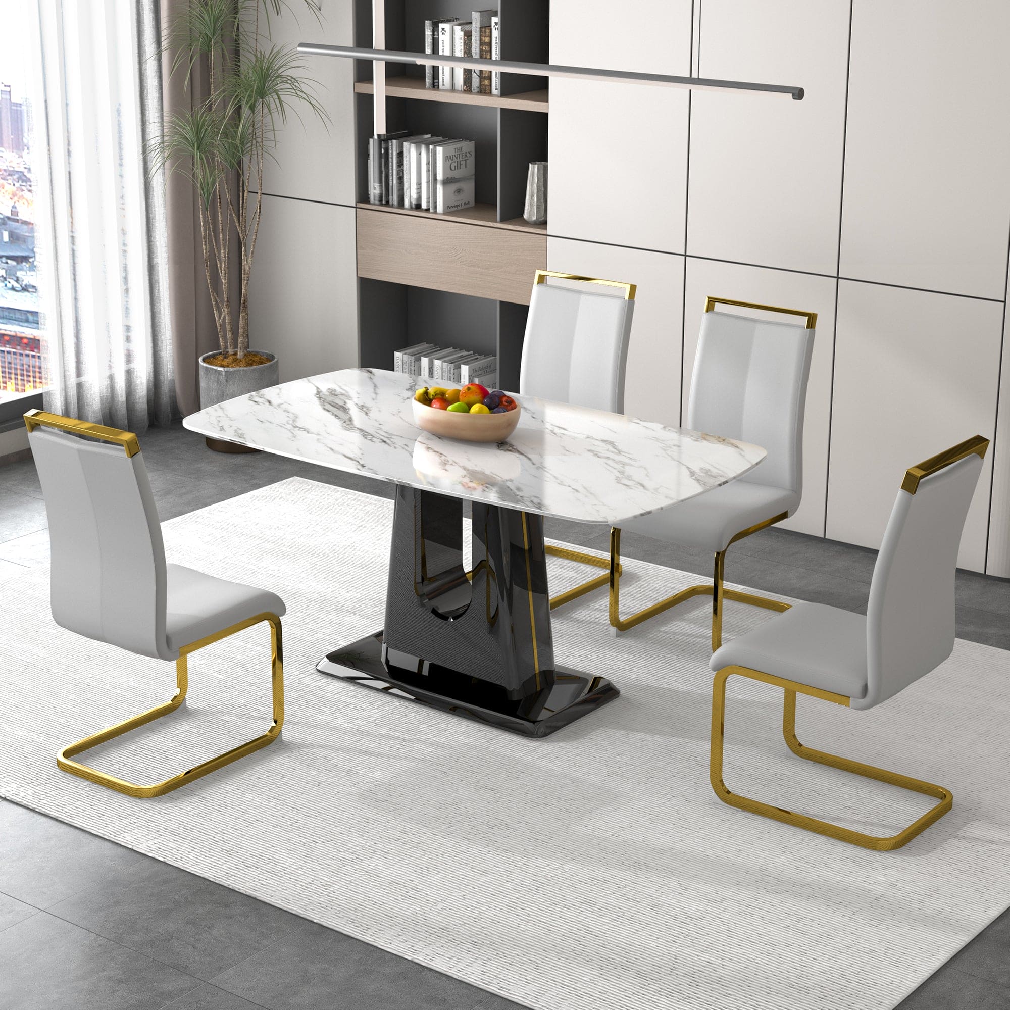 A modern, minimalist, and luxurious dining table with a white imitation marble tabletop and MDF legs with U-shaped brackets. Tables in restaurants and living rooms 63"*35.4"*30  F-U