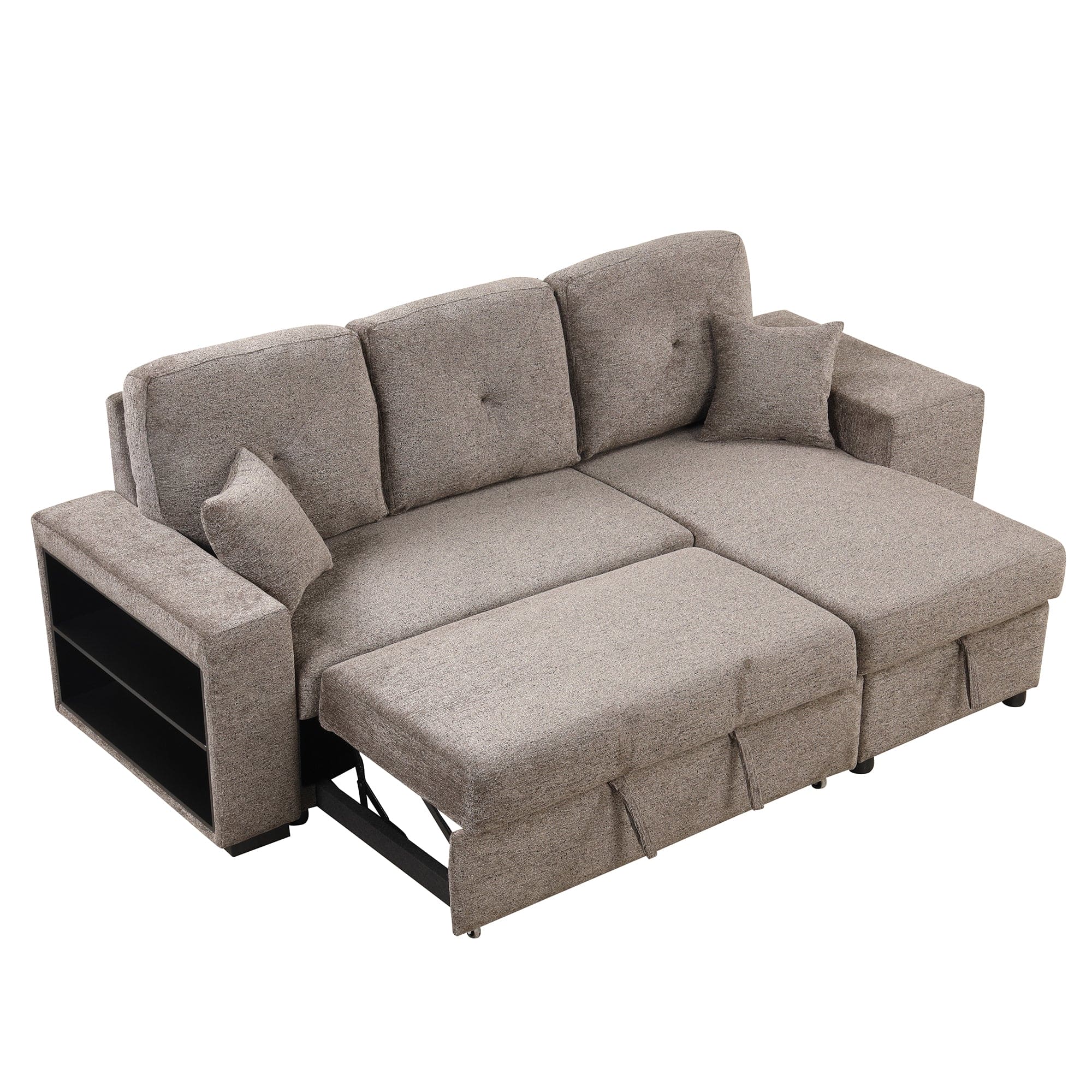 Reversible Sleeper Sectional Sofa Bed with Side Shelf and 2 Stools,Pull-Out L-Shaped Sofa Bed,Corner Sofa-Bed with Storage Chaise Left/Right Hande for Living Room,Knox Charcoal