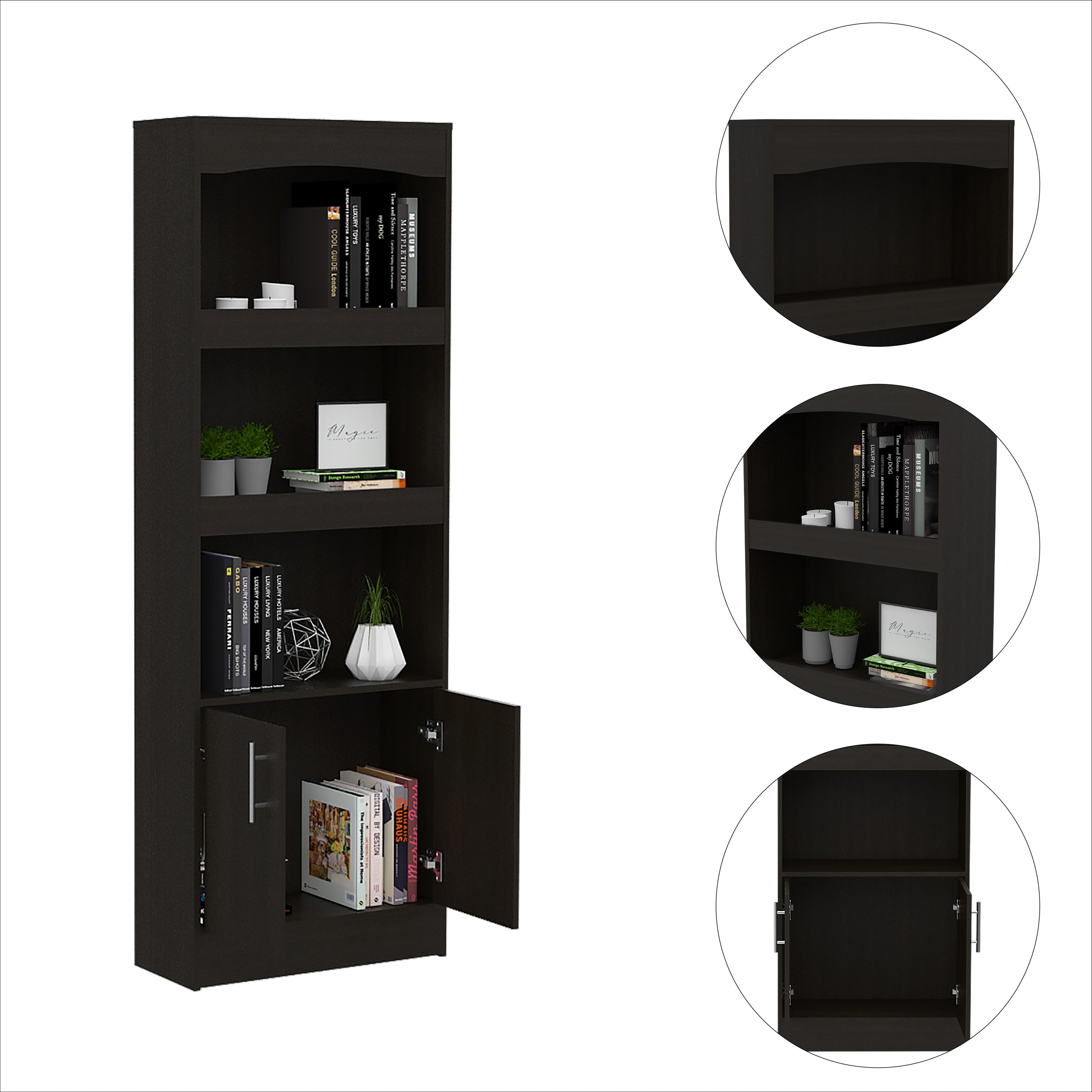 Bookcase Denver, Metal Hardware, Black Wengue Finish