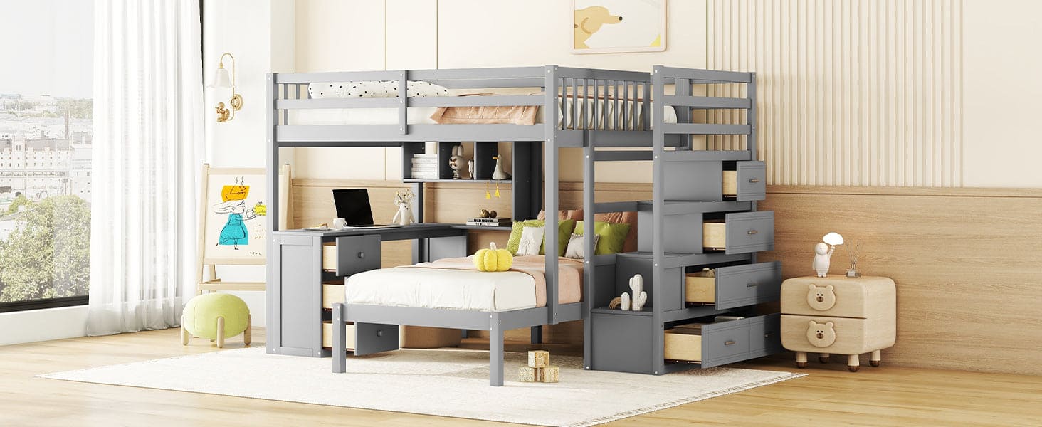 Full Over Twin Bunk Bed with Desk, Drawers and Shelves, Gray