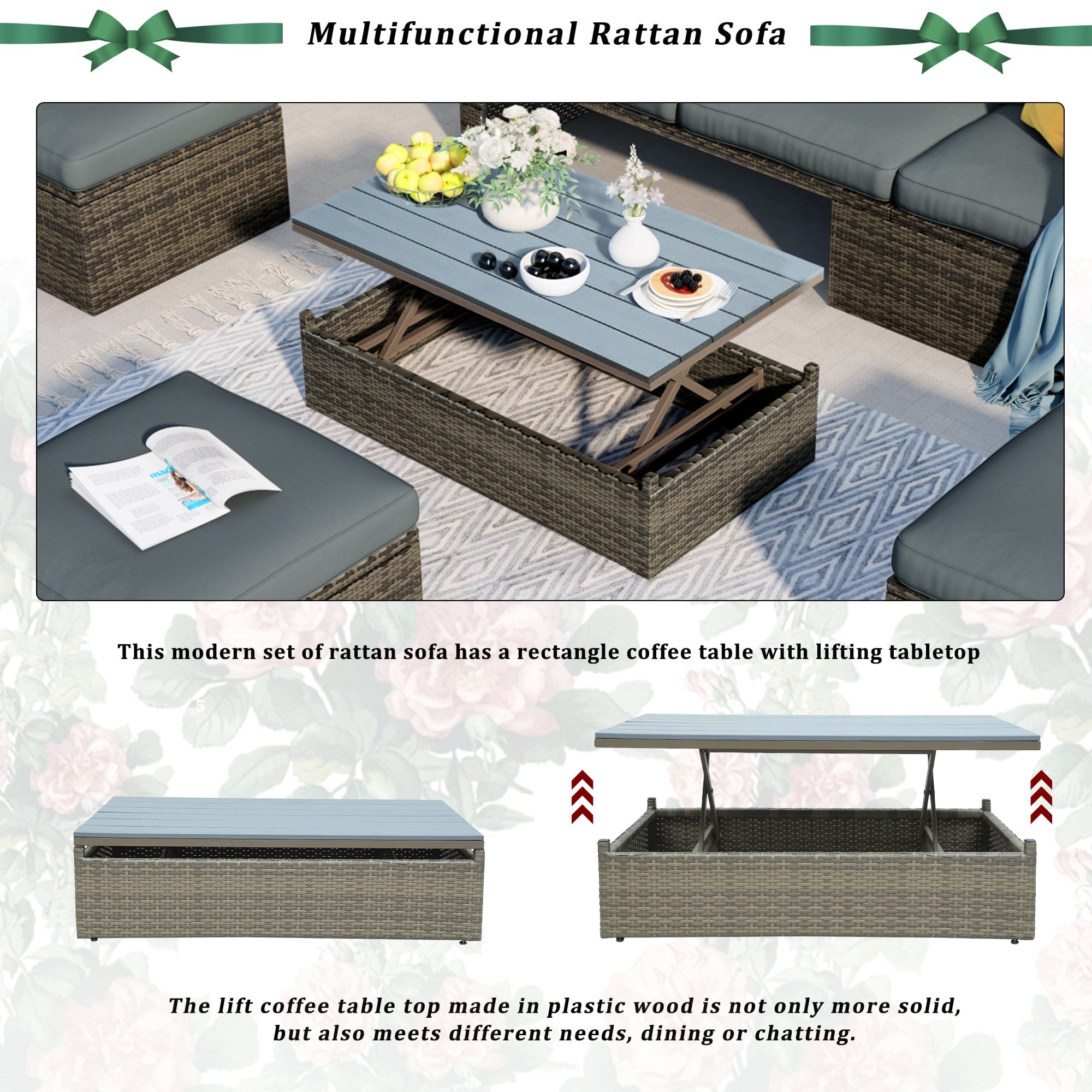 U_STYLE Patio Furniture Sets, 5-Piece Patio Wicker Sofa with Adustable Backrest, Cushions, Ottomans and Lift Top Coffee Table