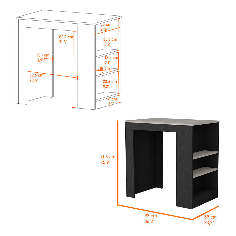 Kitchen Island Doyle, Three Side Shelves, Black Wengue and Ibiza Marble Finish