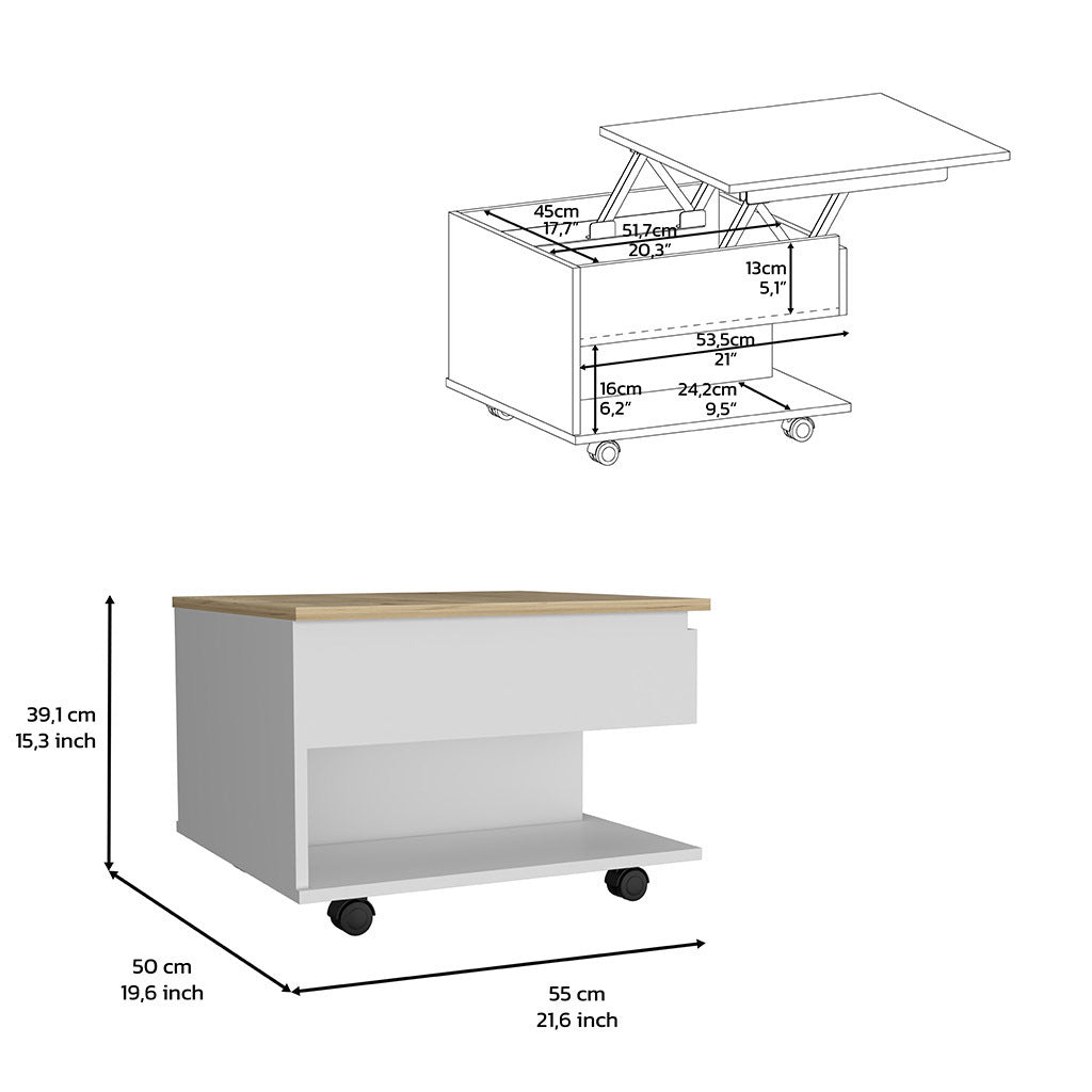 Lift Top Coffee Table Mercuri, Casters, White / Light Oak Finish