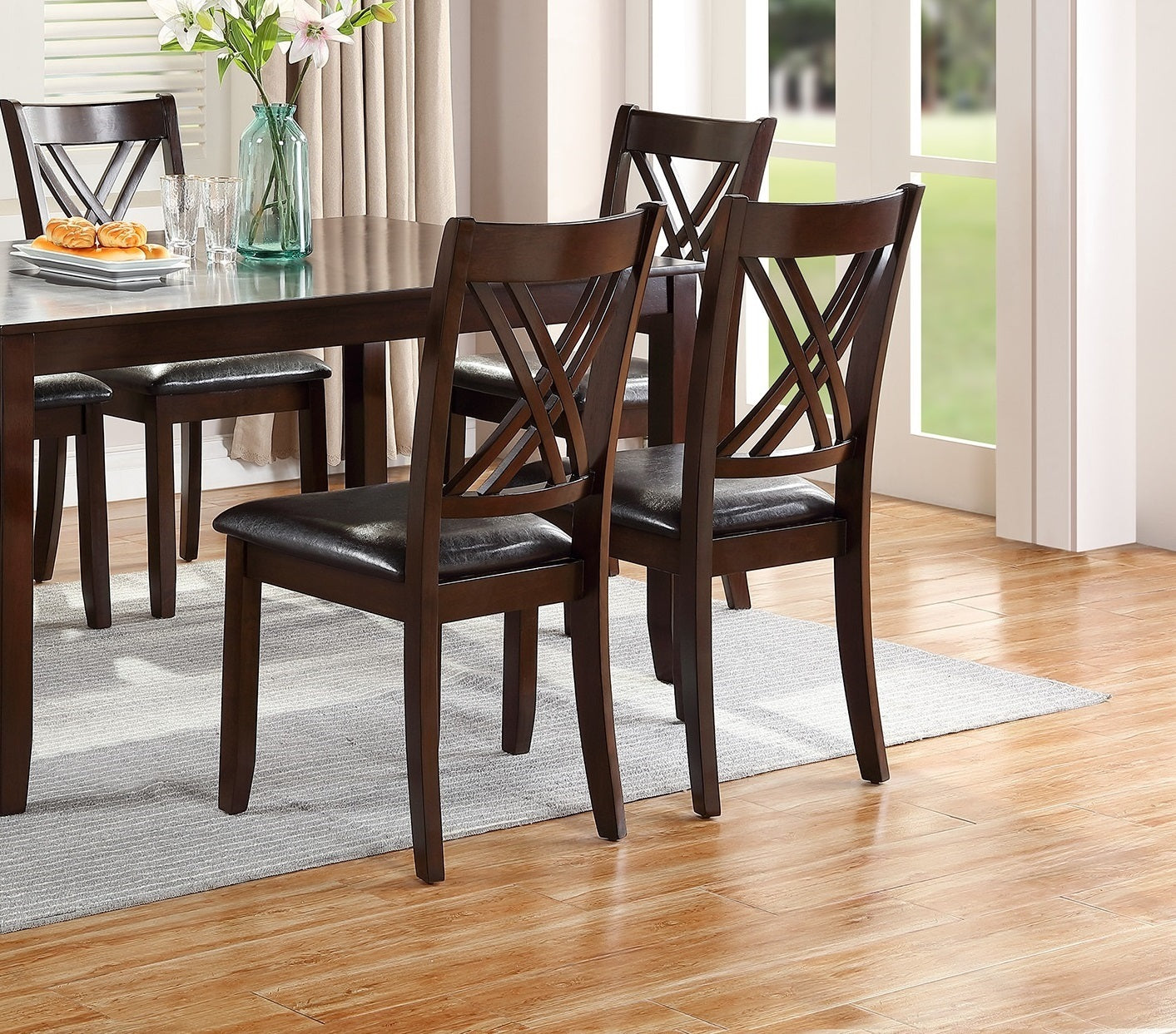 7pcs Dining Set Dining Table 6 Side Chairs Clean Espresso Finish Cushion Seats X Design back Chairs