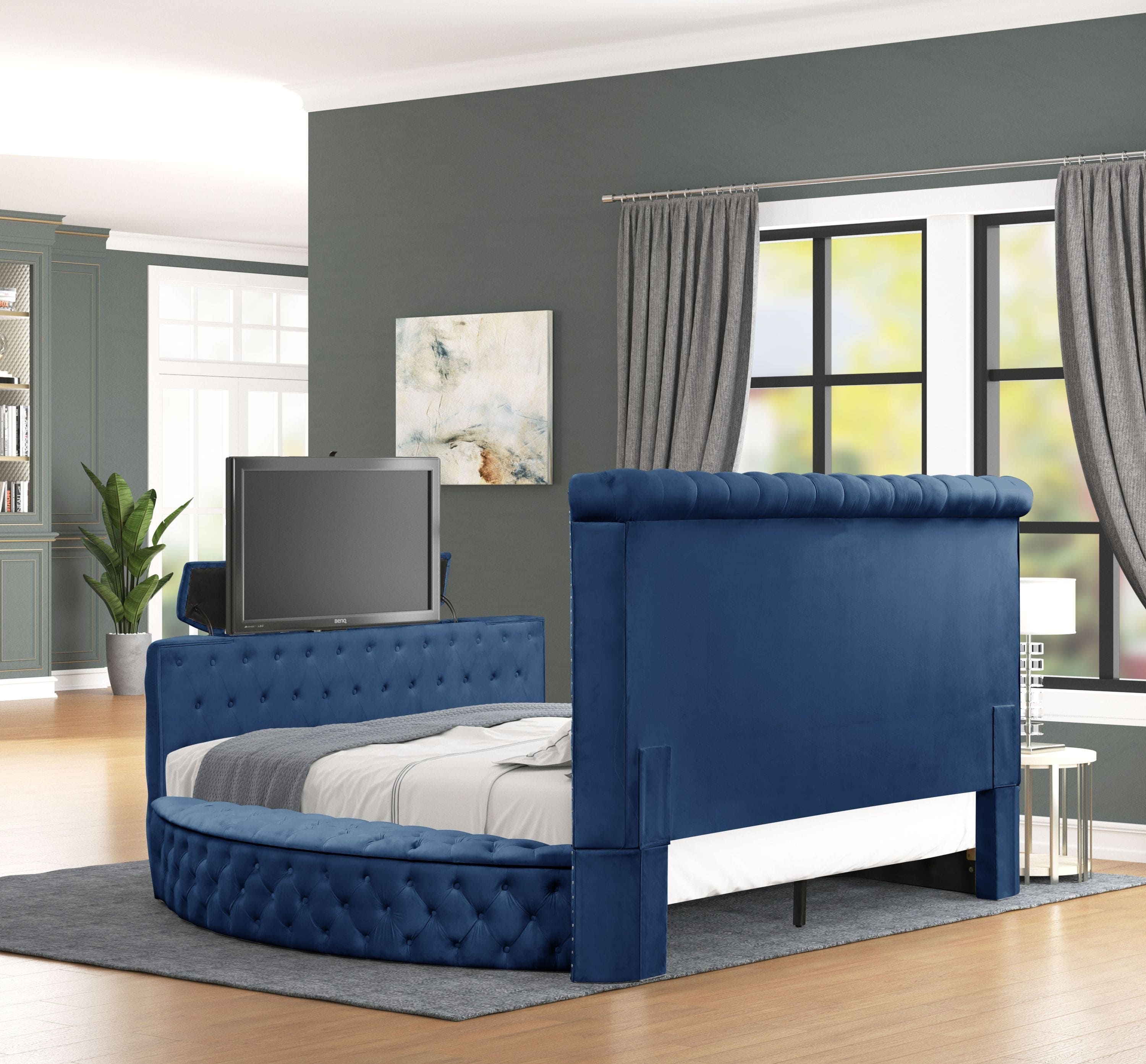 Maya Modern Style Crystal Tufted King Bed Made with wood in Blue