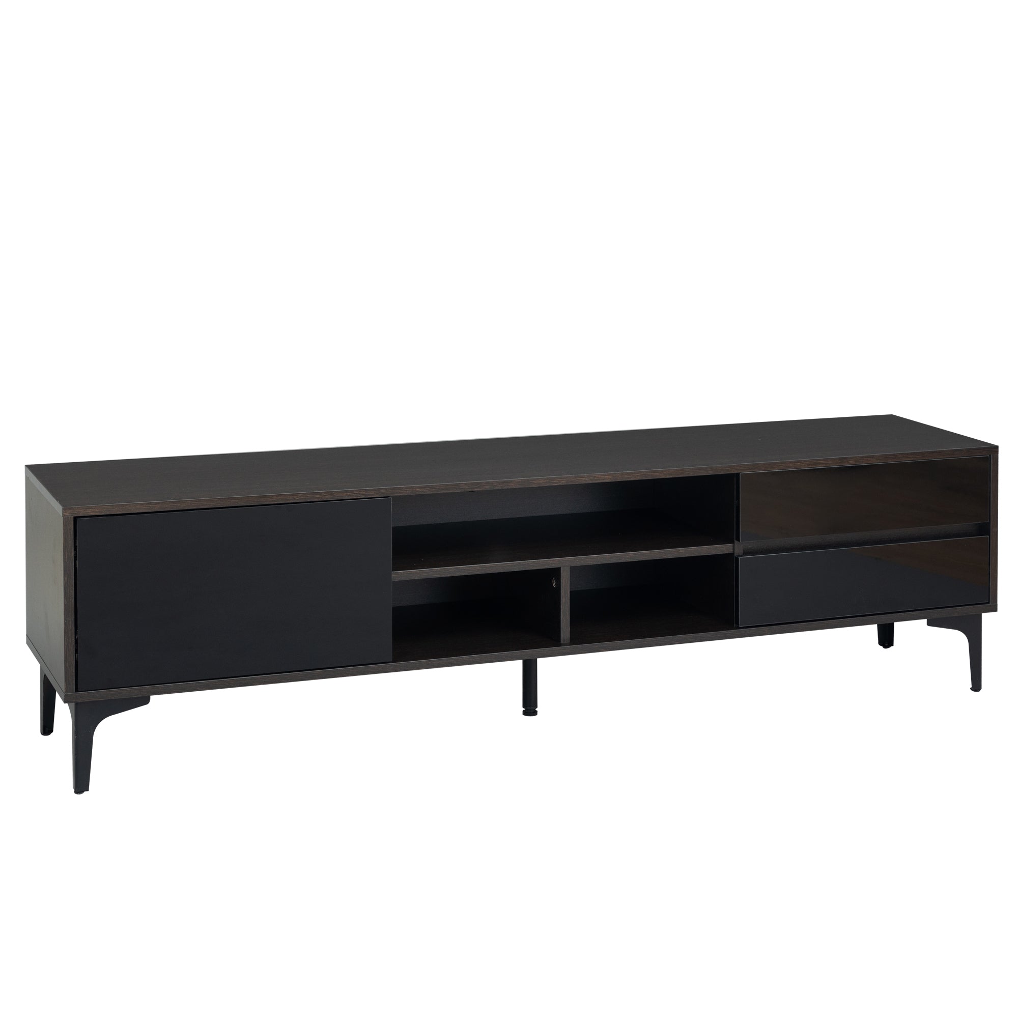 TV stand,TV Cabinet,entertainment center,TV console,media console,with LED remote control lights,UV bloom drawer panel,ferrous legs,can be placed in the living room, bedroom, color: Dark Brown+black