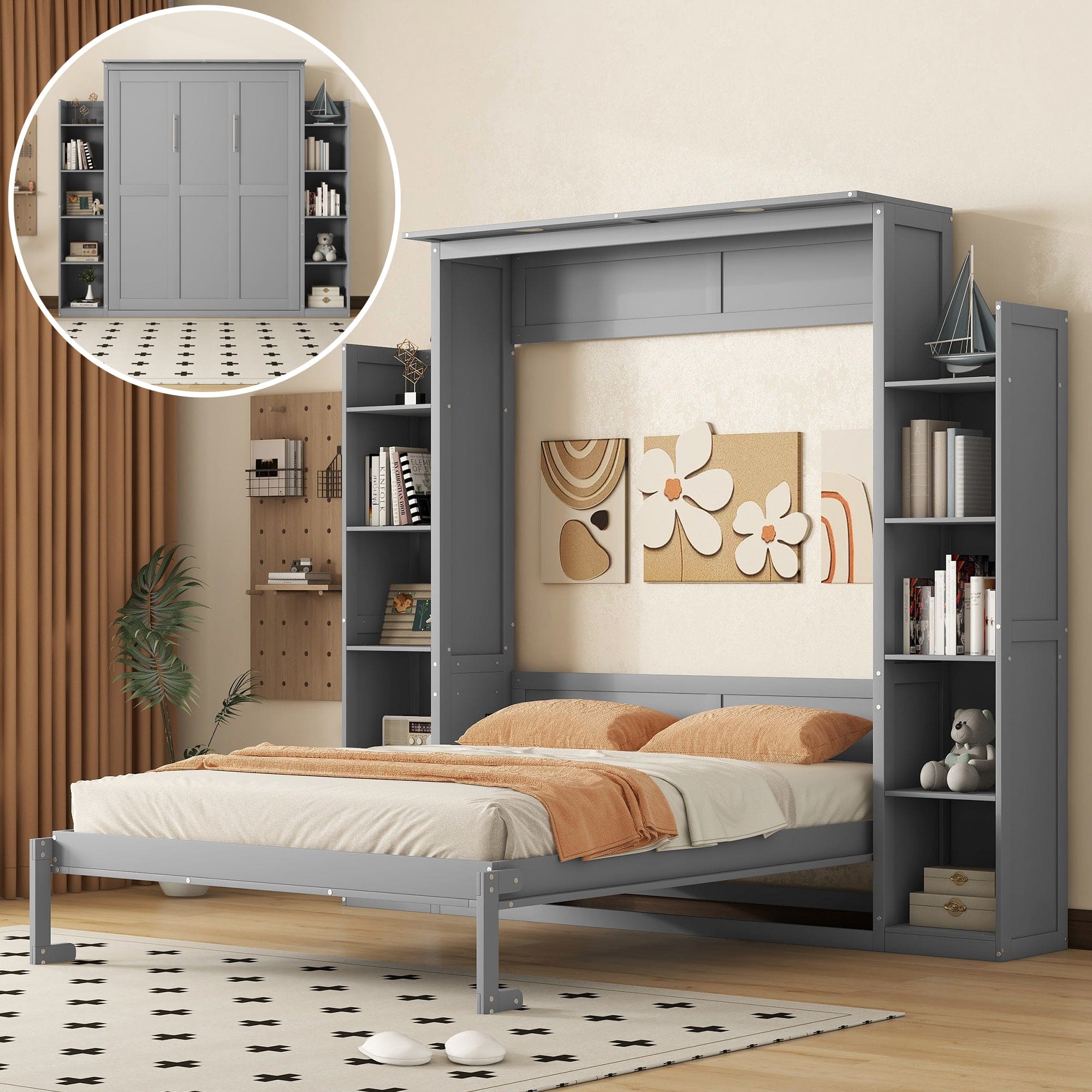 Queen Size Murphy Bed Wall Bed with Shelves and LED Lights,Gray