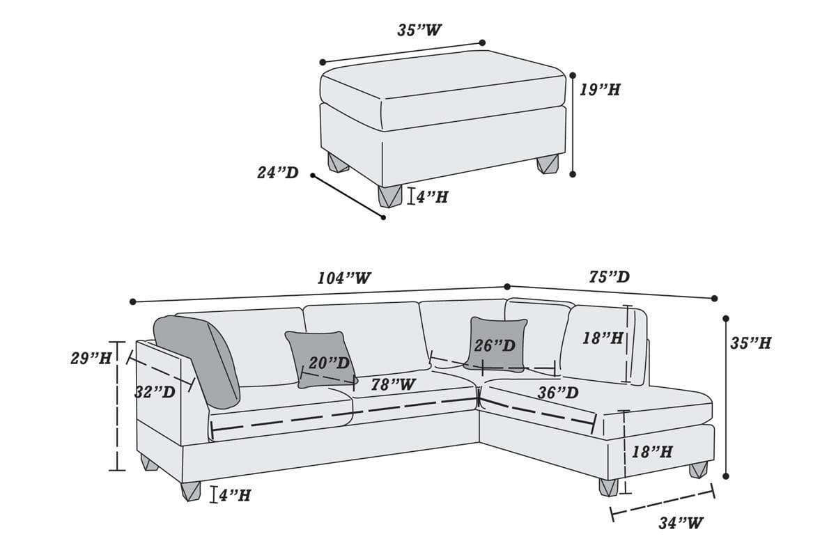 Chocolate Color 3pcs Sectional Living Room Furniture Reversible Chaise Sofa And Ottoman Polyfiber Linen Like Fabric Cushion Couch