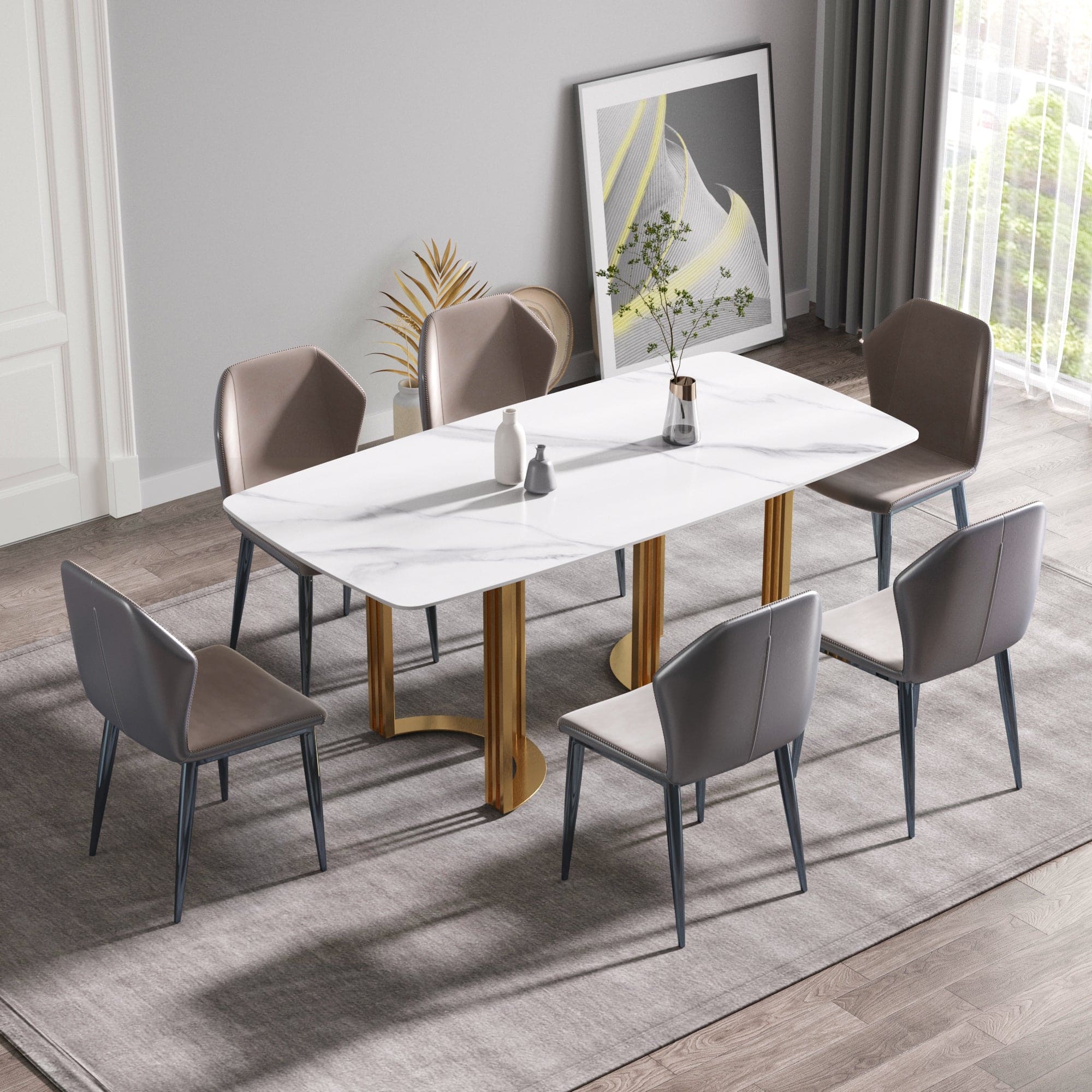 70.87"Modern artificial stone white curved golden metal leg dining table-can accommodate 6-8 people