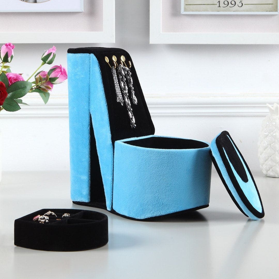 9" Tall Display Jewelry Box with Hooks, High Heel Shoe Design, Turquoise Velvet