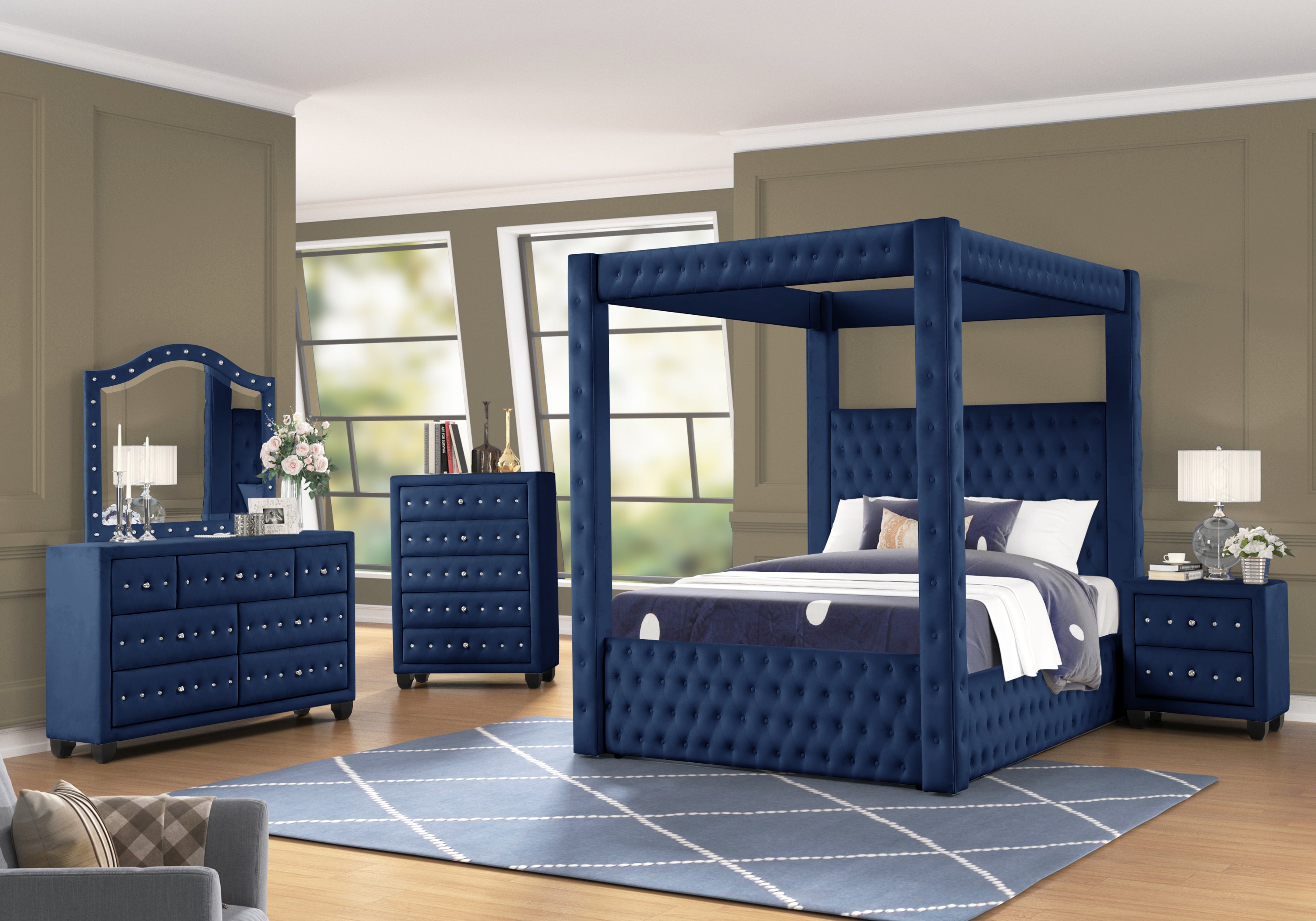 Monica luxurious Four-Poster King Bed Made with Wood in Navy