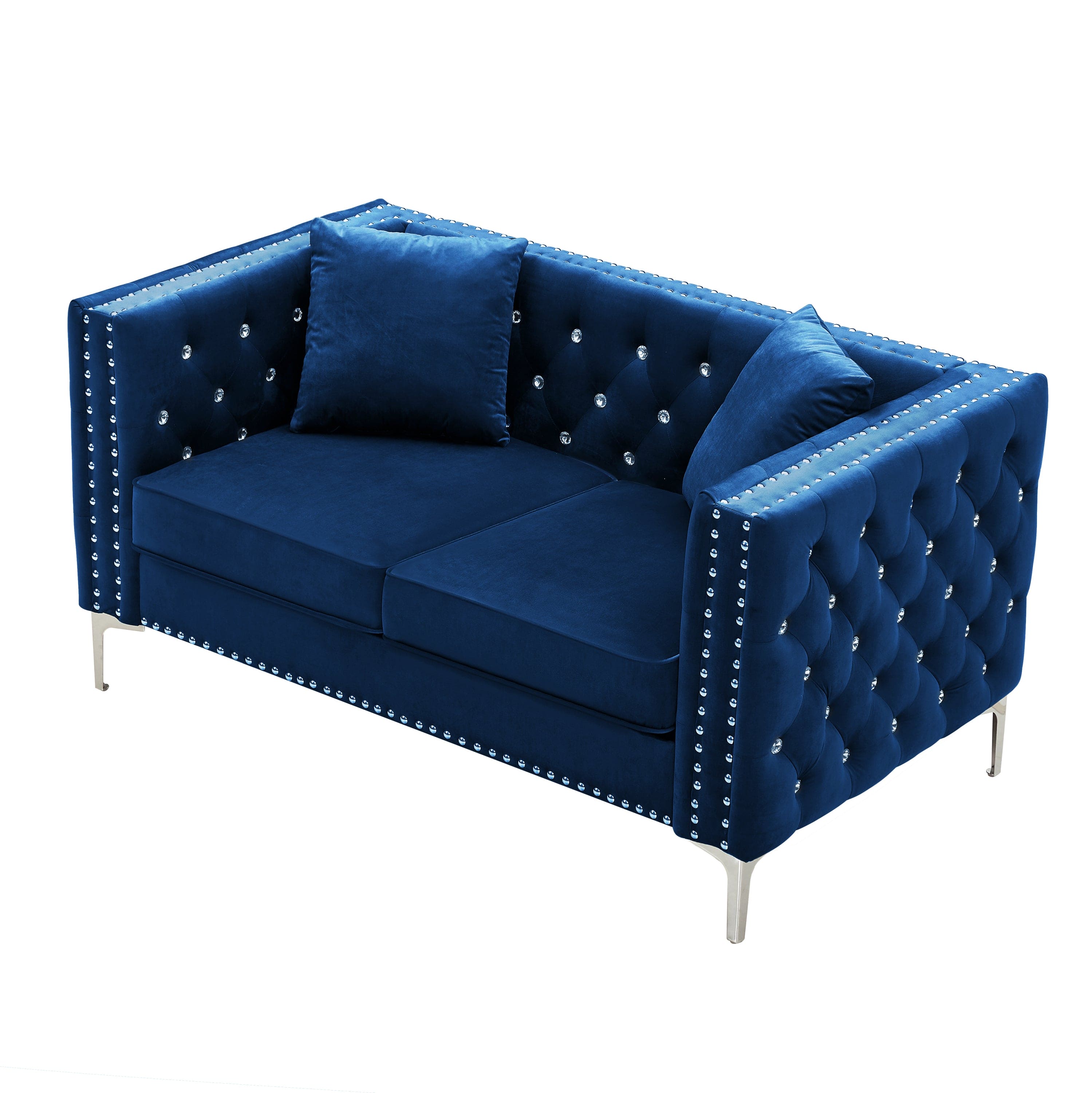 59.4 Inch Wide Blue Velvet Sofa with Jeweled buttons,Square Arm ,2 Pillows