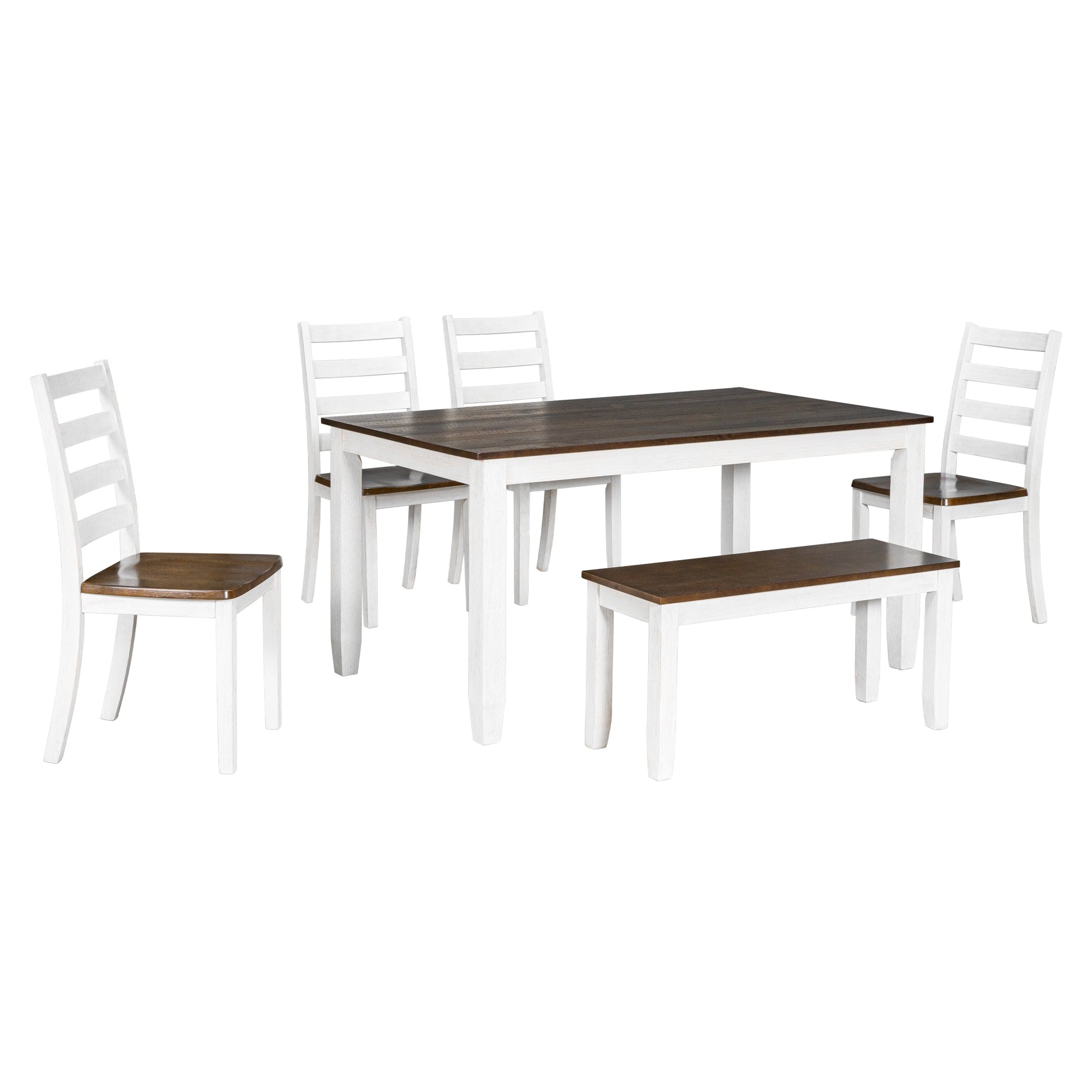 TREXM Rustic Style 6-Piece Dining Room Table Set with 4 Ergonomic Designed Chairs & a Bench (Walnut + Cottage White)