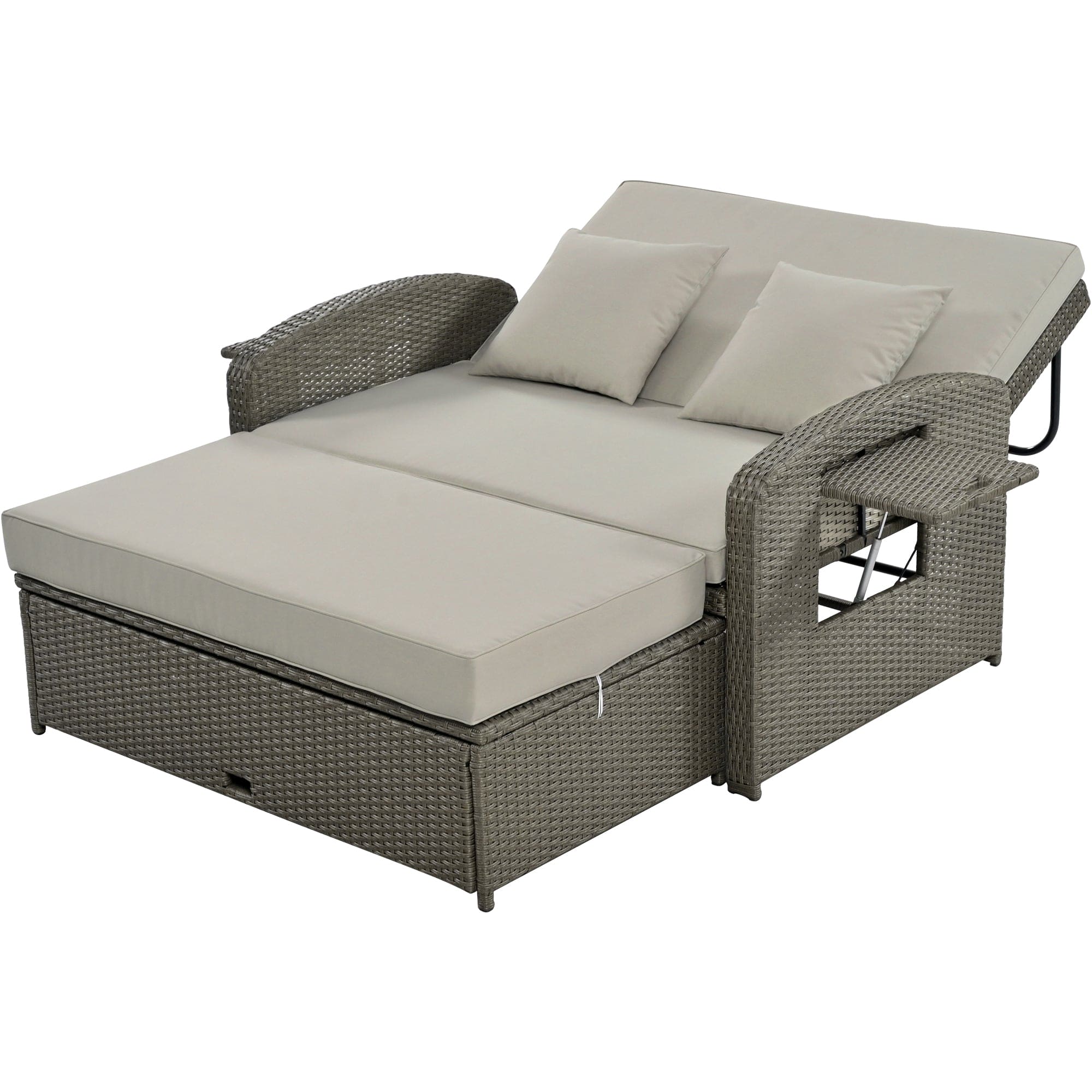 TOPMAX PE Wicker Rattan Double Chaise Lounge, 2-Person Reclining Daybed with Adjustable Back and Cushions, Free Furniture Protection Cover,Gray