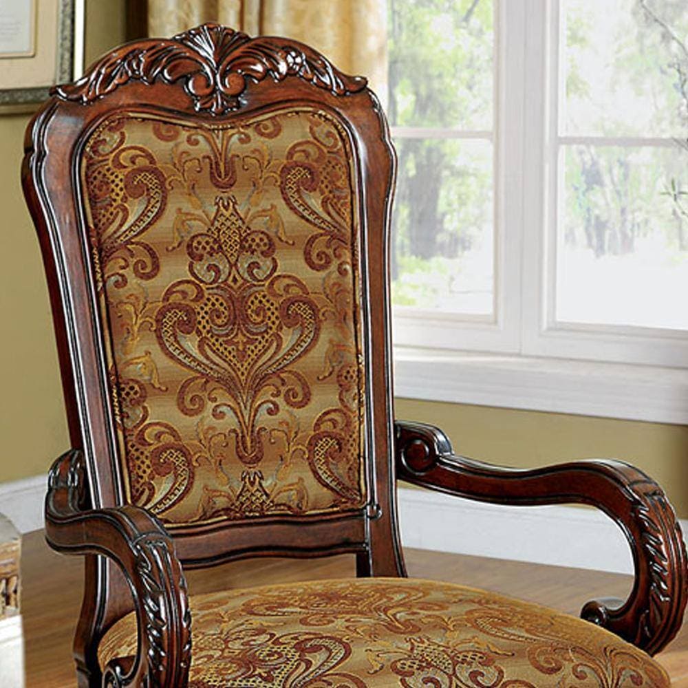 Formal Traditional Cherry Set of 2pc Arm Chairs Dining Room Brown Damask Print Fabric Solid wood Dining Chair